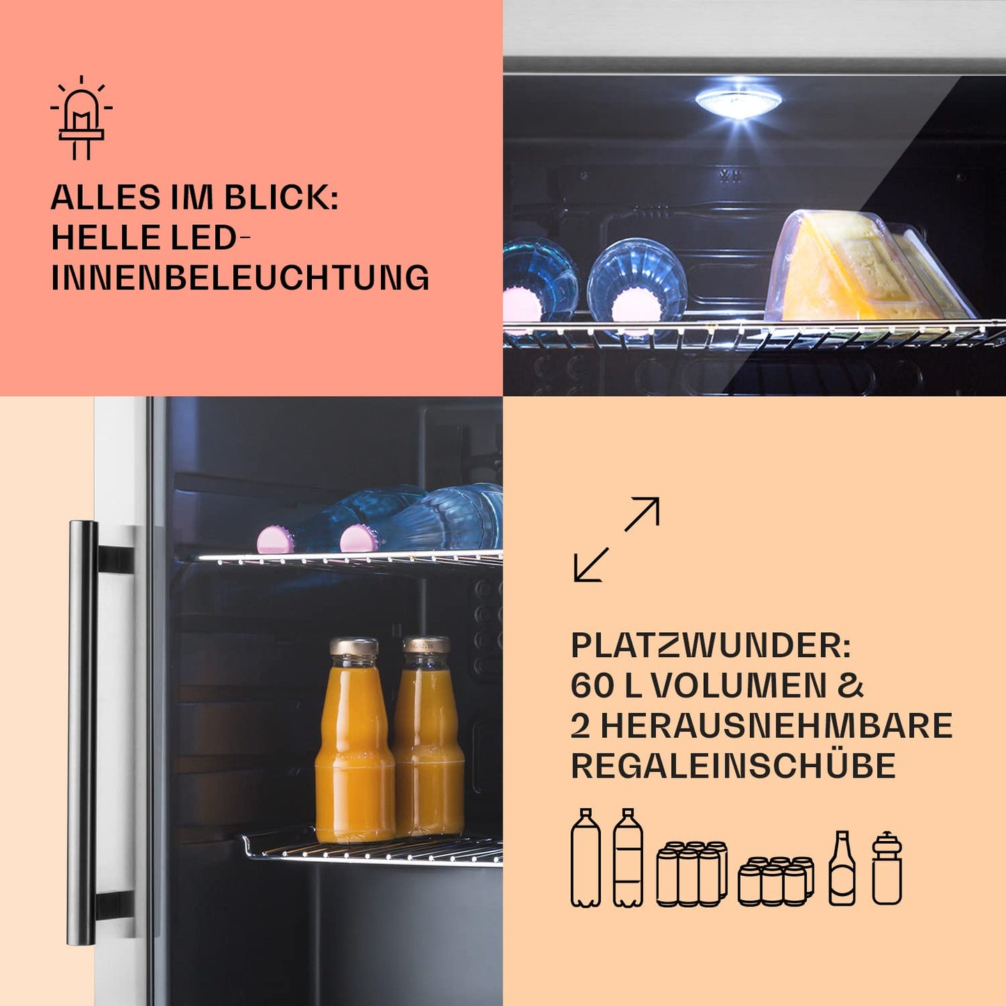 Klarstein Mini Fridge with Glass Door, Mini, for Room, Drinks Fridge Small with Adjustable Shelves, with Waveform Racks, 60 Liter Refrigerator Quiet