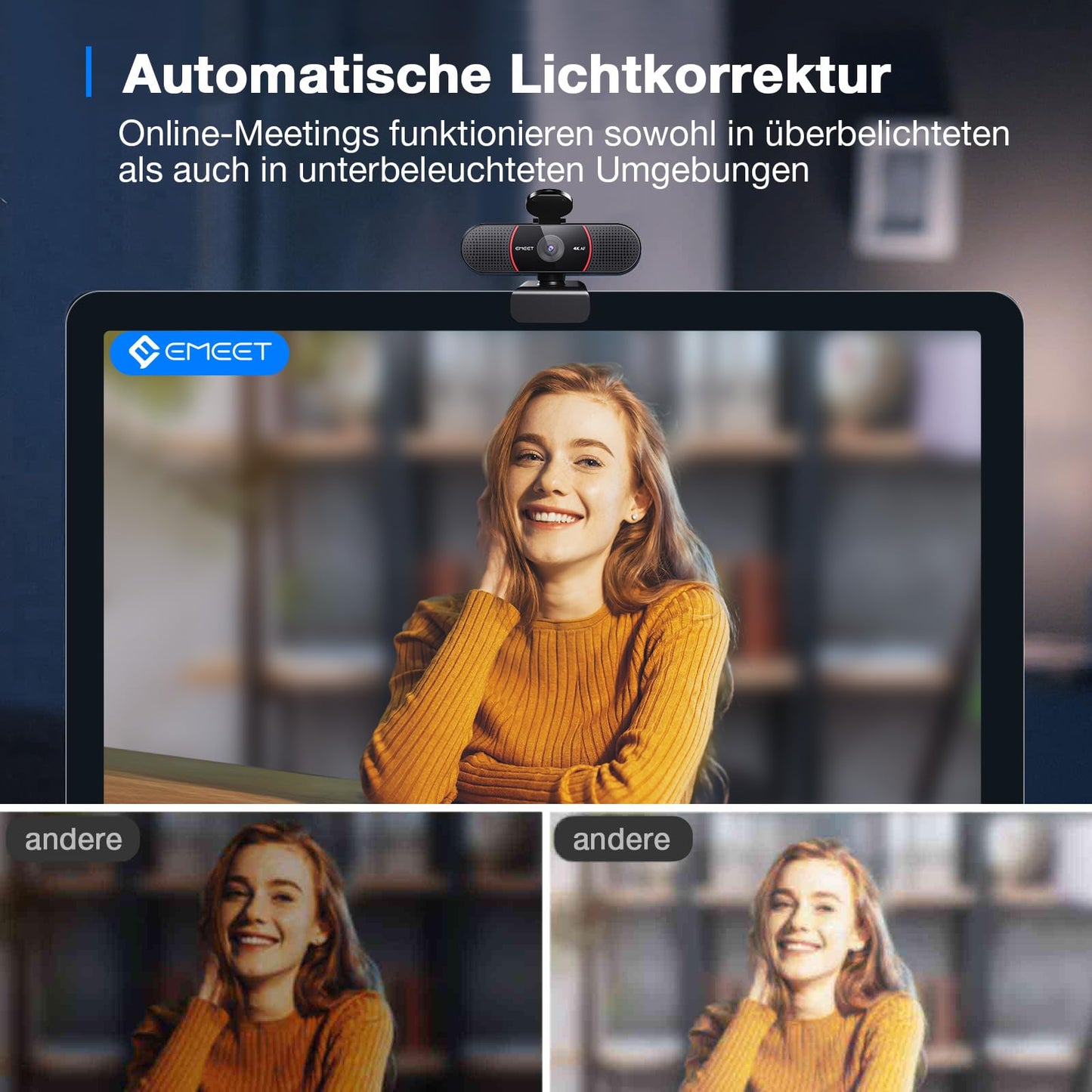 EMEET Full HD Webcam - C960 1080P Webcam mit Objektivabdeckung & Dual Mikrofon, 90 ° Streaming Kamera mit Automatische Lichtkorrektur, Plug & Play, für Linux, Win10, Mac OS