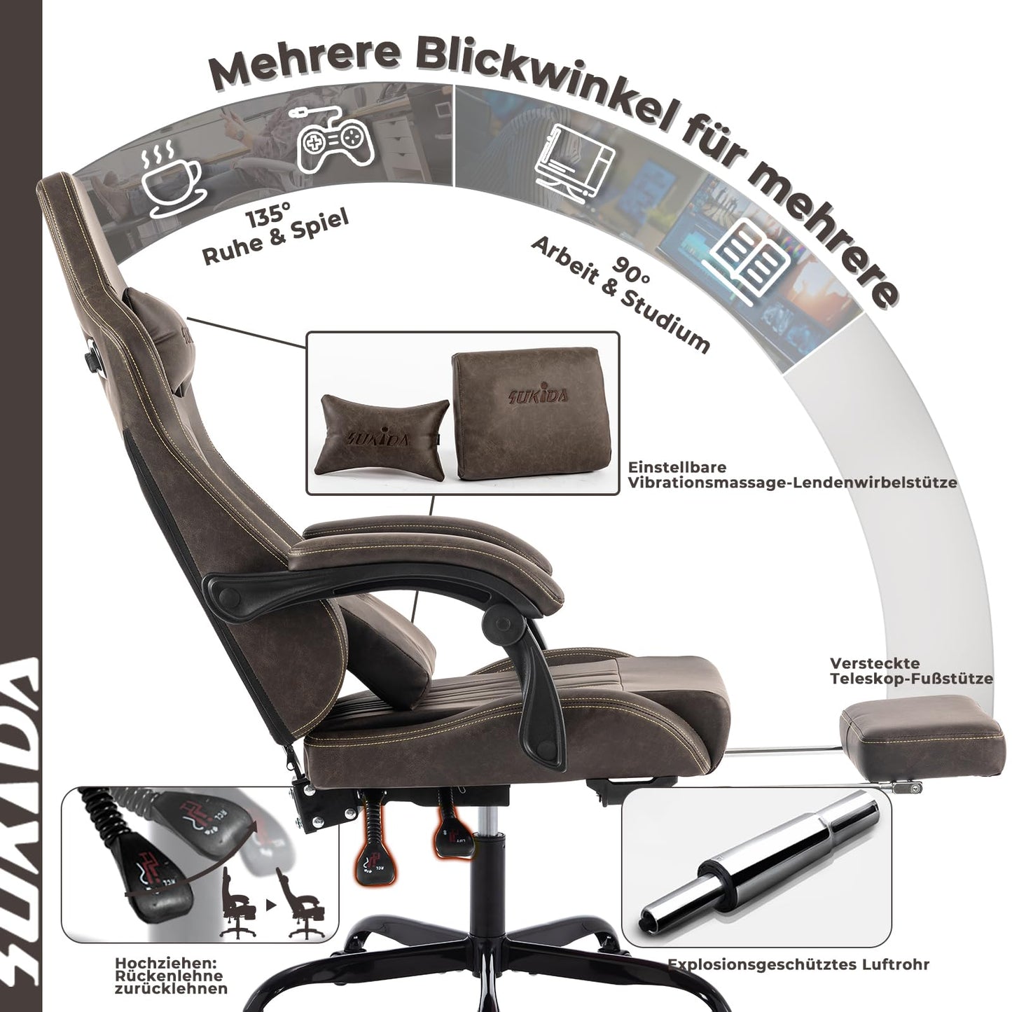 SUKIDA Gaming Stuhl Computerstuhl Ergonomischer Gaming Chair mit Fußstütze Bürostuhl Ergonomischer Computerstuhl mit Lendenwirbelstütze Schwarz