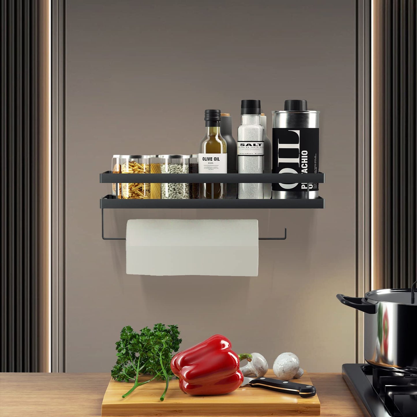 CZKDTT Gewürzregal,Küchenregal wand ohne Bohren,Gewürzregal Hängend Mit Küchenrollenhalter und 4 Haken,küchen organizer schublade,küchenutensilienhalter,35cm schwarz