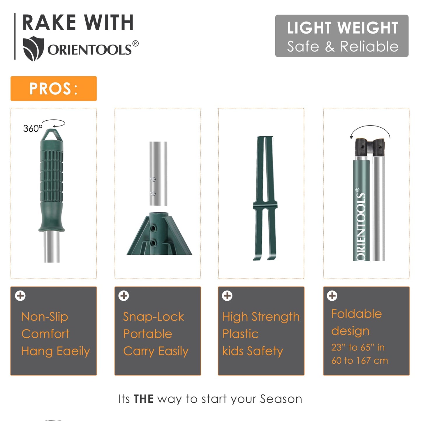 ORIENTOOLS Garten Laubrechen, Garten Rechen für Rasen Laub mit verstellbarem Griff 107 bis 156 cm Rechen, 22 Starke Zinken Kunststoff Kopf Strauch Rechen, Landschaftsbesen für Rasen und Blätter