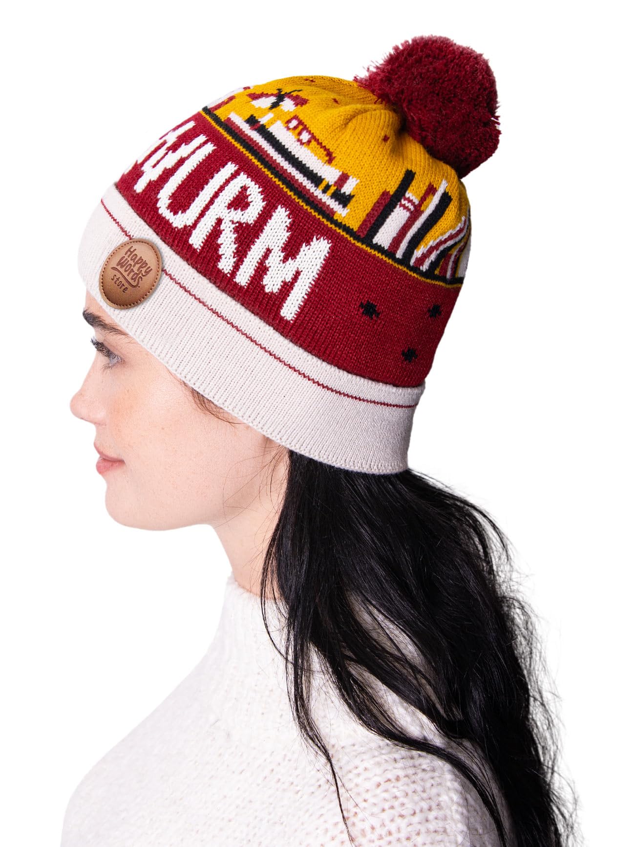 Happy Words Hats, Hats & Caps for Men and Women - Men's Hat with Bobble - Warm Winter Hat with Colourful Pattern - Knitted Hat Made of Acrylic Fabric - Gifts for Women and Men