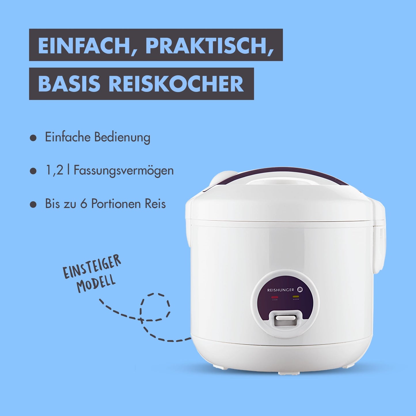 REISHUNGER Reiskocher & Dampfgarer mit Keramikbeschichtung - 1,2 L, Schwarz - Für 1-6 Personen - Schnelle Zubereitung ohne Anbrennen - Mit Warmhaltefunktion inkl. Dämpfeinsatz, Löffel & Messbecher