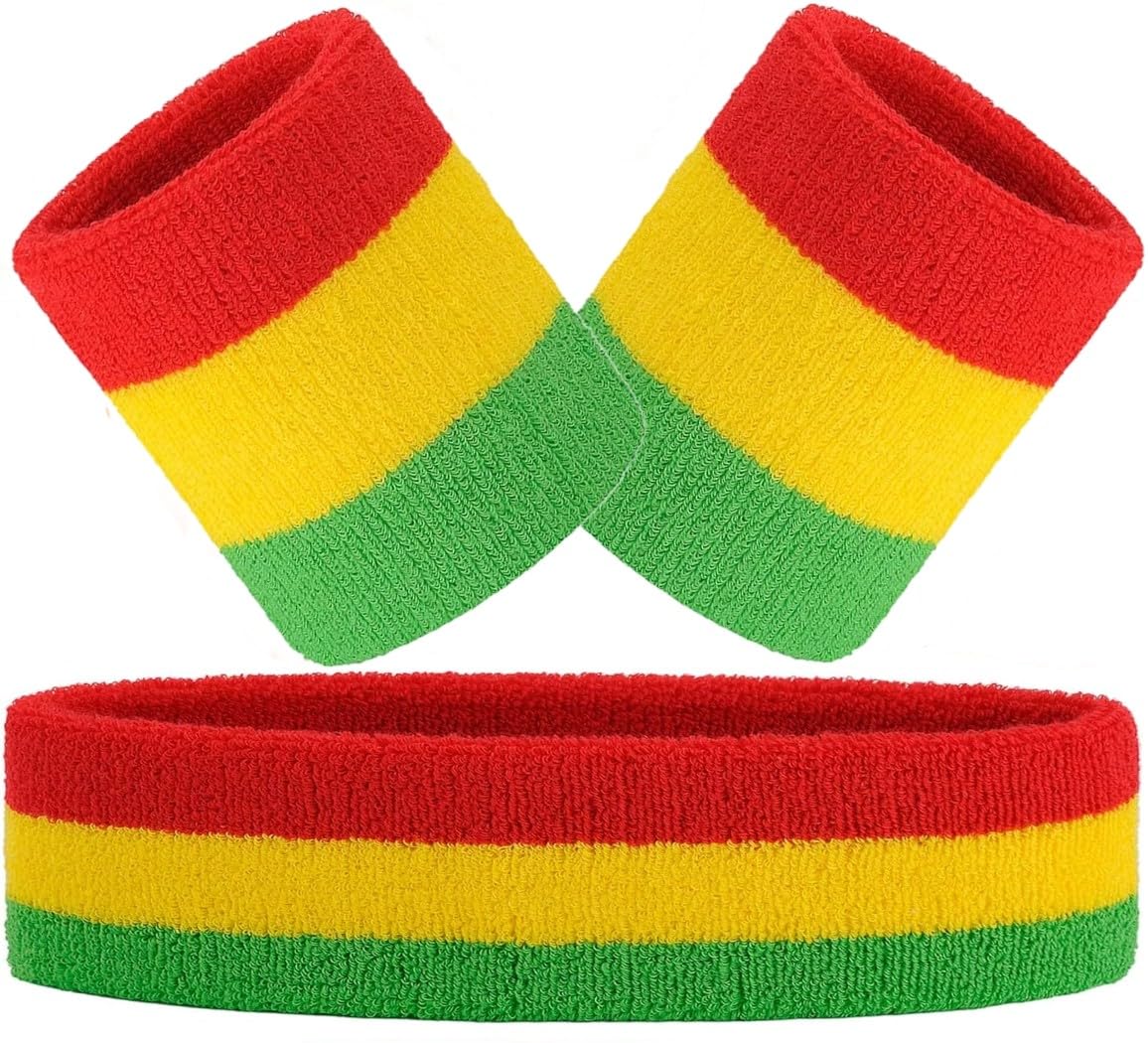 Hatstar 3-teiliges Schweißband Set | 1x Stirnband + 2X Schweißbänder für Handgelenke | Stirnband Damen & Herren | Accessoire für Karneval & Fasching Aerobic Kostüm