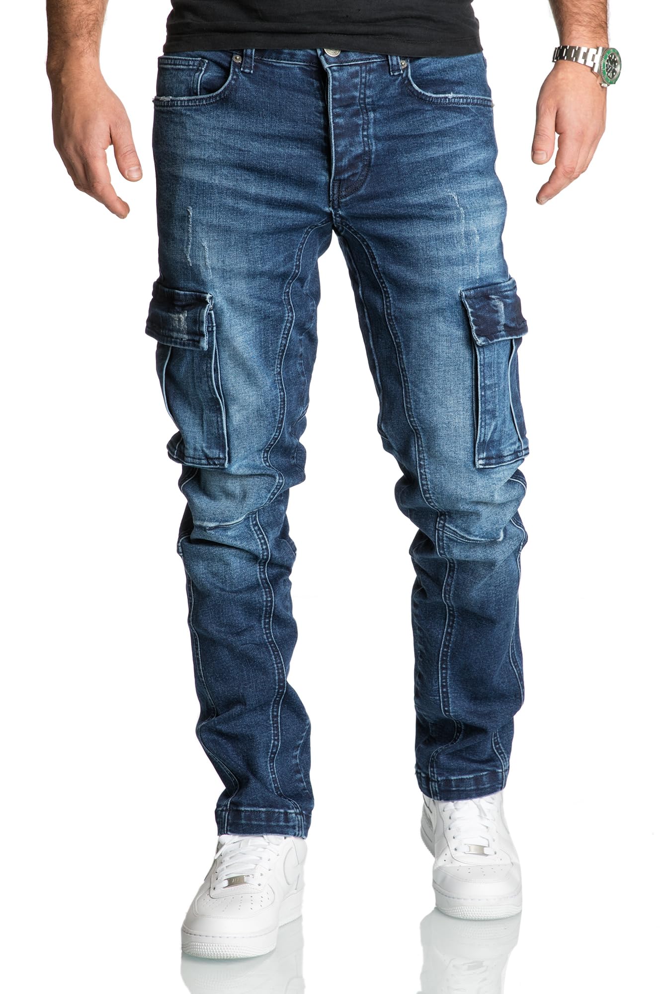 Men’s Cargo Jeans R7977 – Regular Slim Fit Stretch Denim Pants