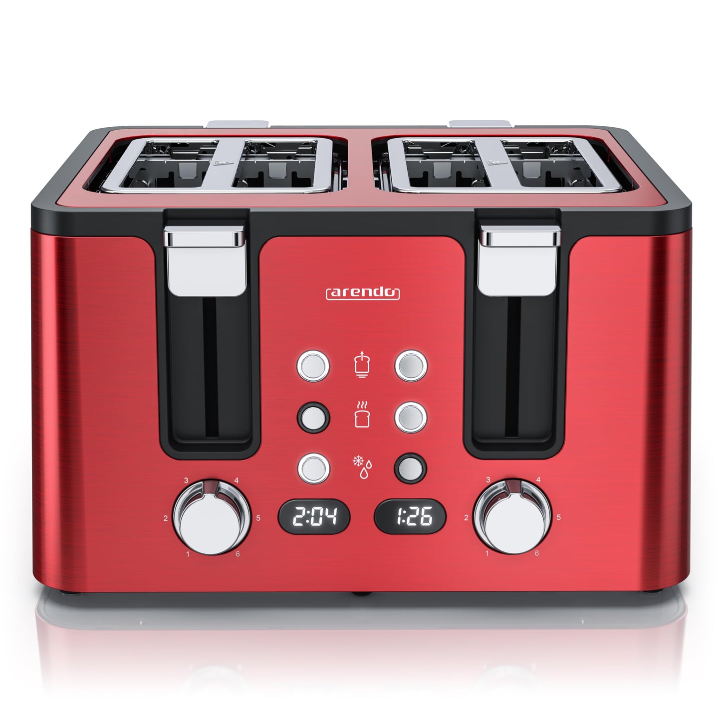 Arendo - Toaster 4 Scheiben Edelstahl - mit Brötchenaufsatz - 4 Schlitze - LED Anzeige Restzeitanzeige – Doppelwandgehäuse - Defrost Funktion - Krümelschublade - 6 Bräunungsgrade - Cool Grey Design