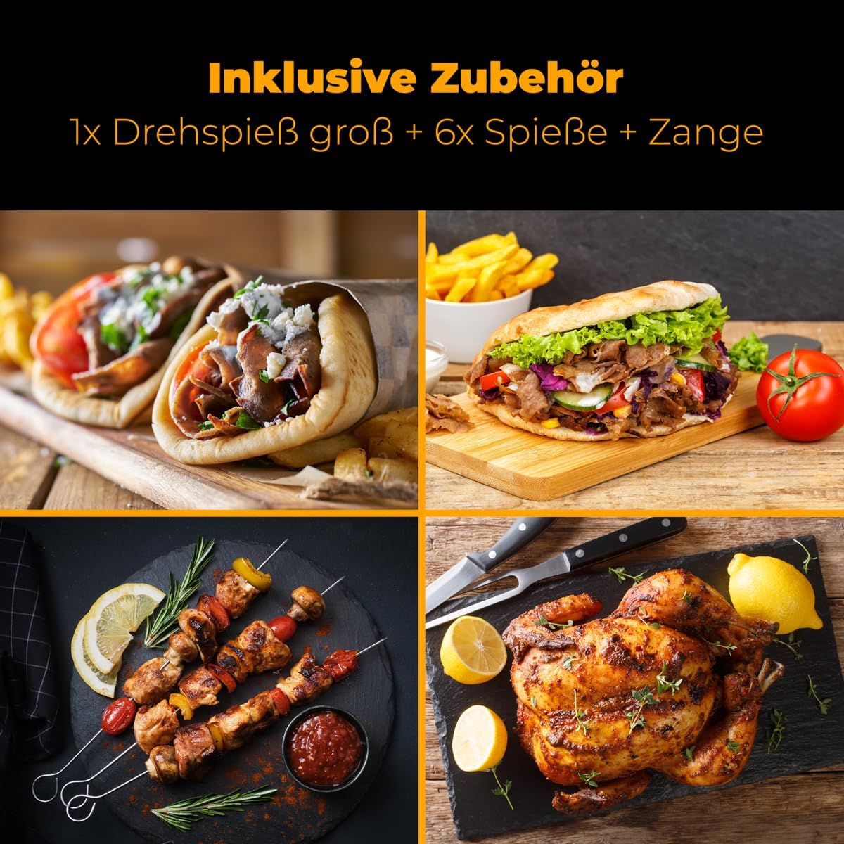 Clatronic® Döner-Vertikal-Multigrill | Multigrill Perfekt für Gyros, Kebab & mehr | Gyrosgrill für Fettfreies Grillen zuhause | Dönergrill Inkl. Drehspieß & 6 Fleischspieße | DVG 3686