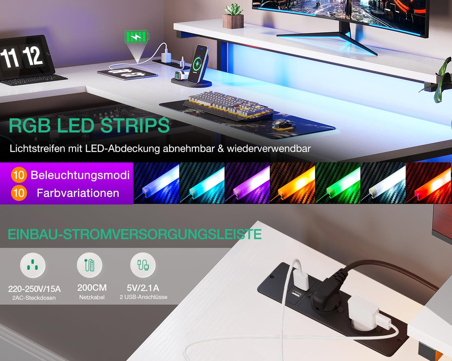 ODK Schreibtisch mit Schubladen, Reversible Eckschreibtisch mit 2 Steckdosen und 2 USB Ladeanschluss, Bürotisch L Form mit LED für Home Office 135×110cm (Schwarz)