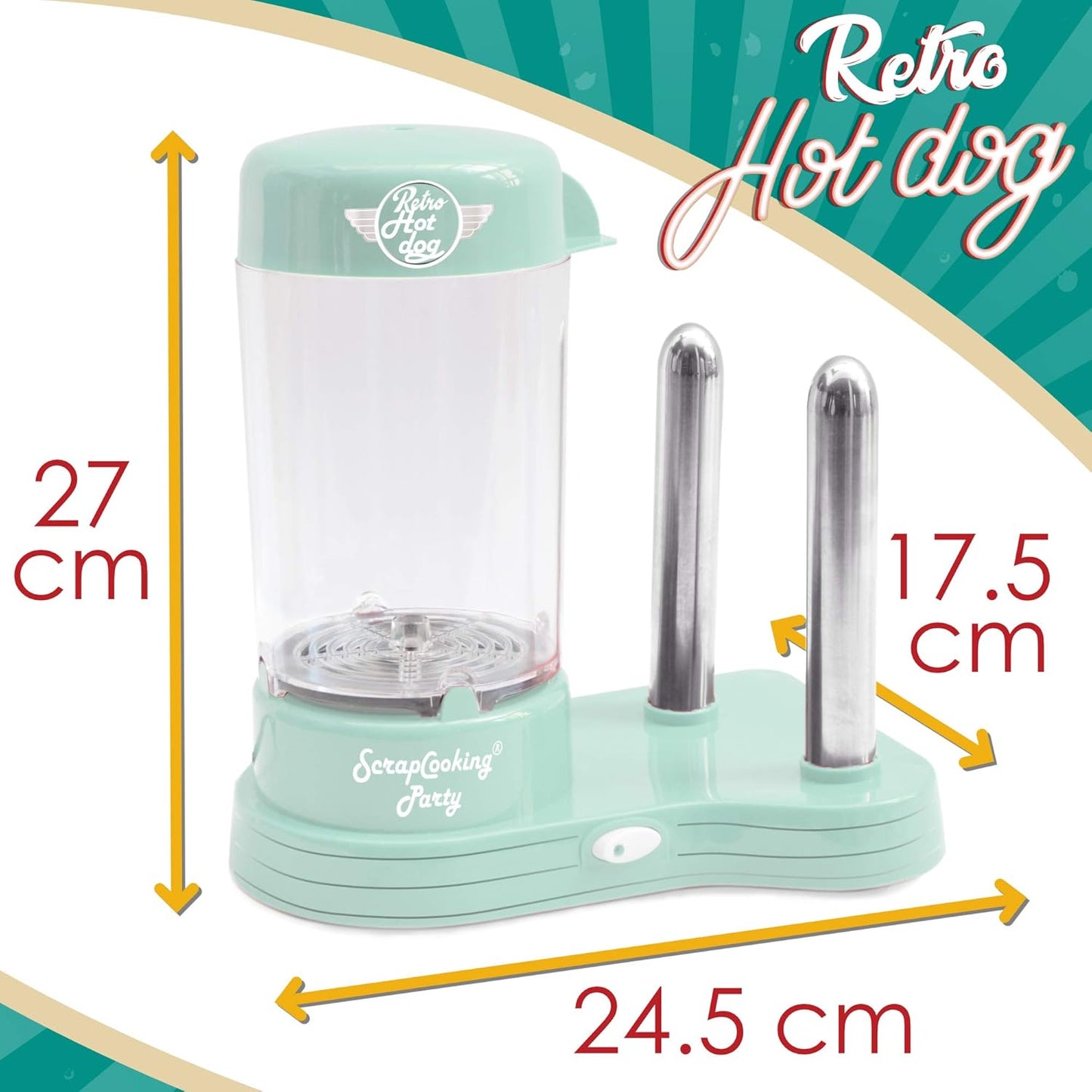 ScrapCooking 601 Hot Dog Maker Maschine-Kapazität 12 Würstchen & 2 Brötchen-Vintage-Retro-Stil für Partys Barbecues Feste Kirmes Geburstag-Grün-0601, Lebensmittelechter Kunststoff, weiß