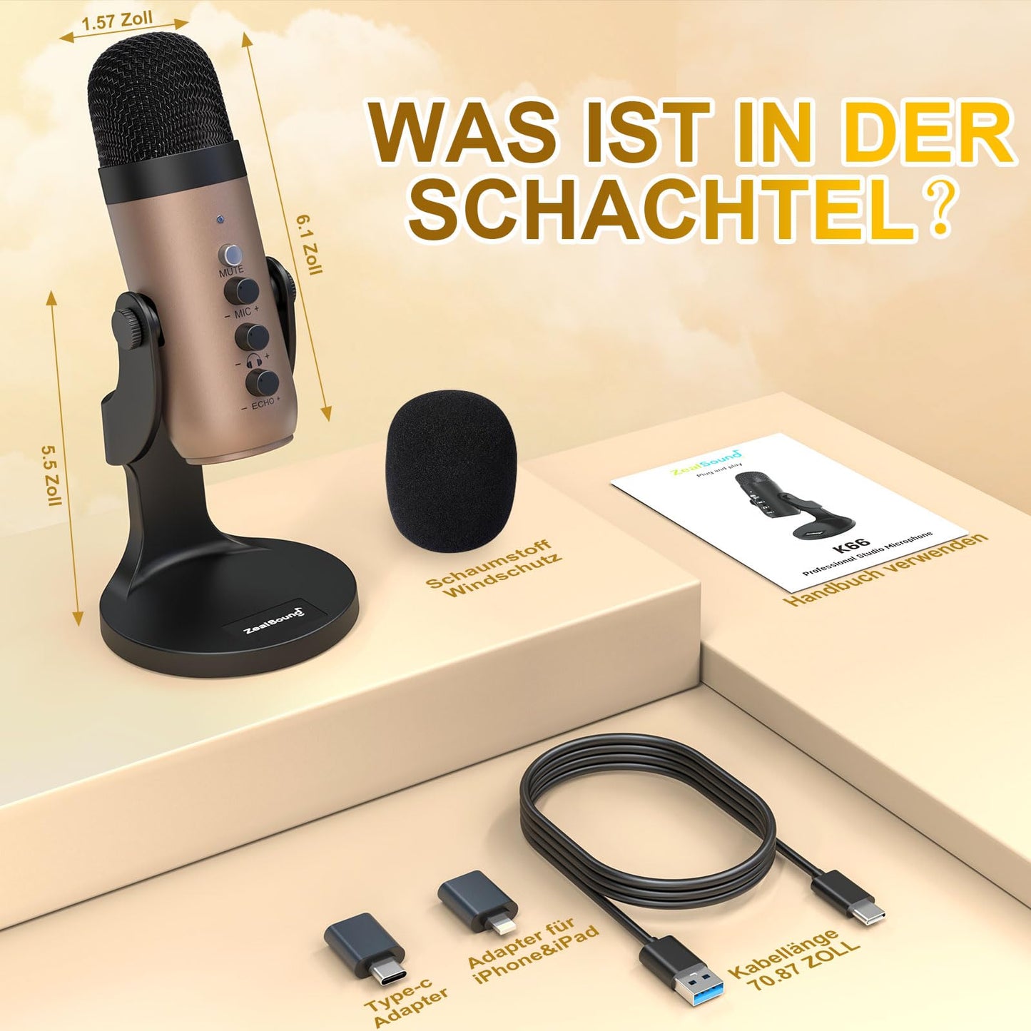 zealsound USB Mikrofon, Kondensator Mikrofon für PC Handy, PS4, PS5, Microphone PC USB C für Gaming, Podcast,Aufnahmen,Streaming,ASMR mit Stumm/Gain/Echo, Adapter für Phone,Kompatibel mit Mac, Winows