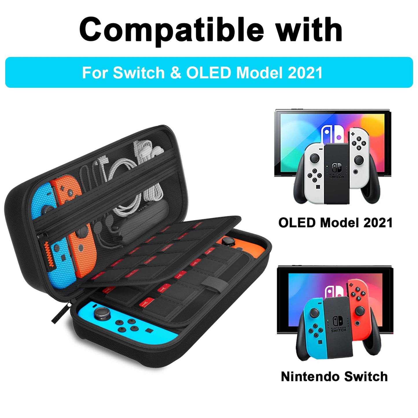 daydayup Tasche Kompatibel mit Nintendo Switch und New Switch OLED, Harte Tragetasche Hülle Case für die Nintendo Switch, Schutzhülle mit Aufbewahrung für 20 Spiele, Konsole & Zubehör - Schwarz