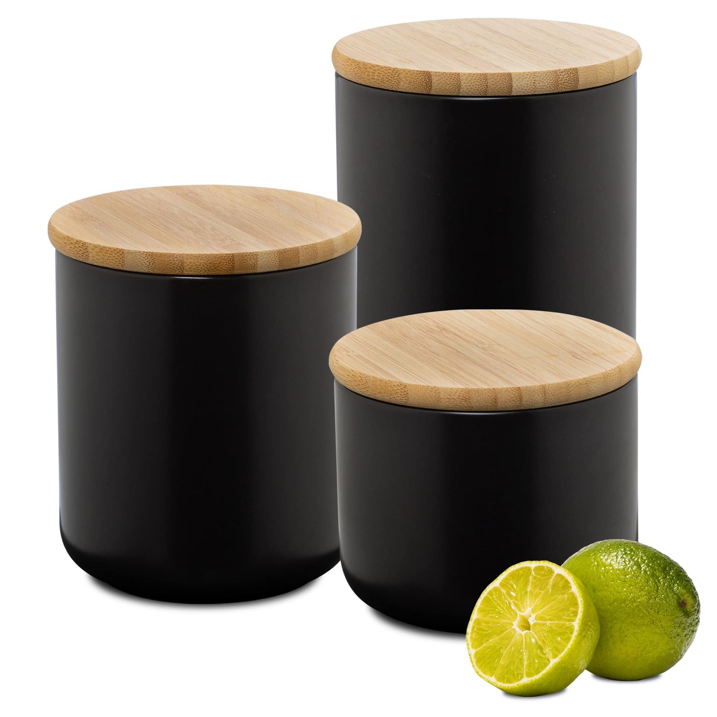 Moritz & Moritz 3x Vorratsdosen Schwarz 400ml, 600ml & 900 ml - Beschreibbar – 3x Keksdosen Keramik mit Deckel aus Bambus – Keramik Aufbewahrungsdose