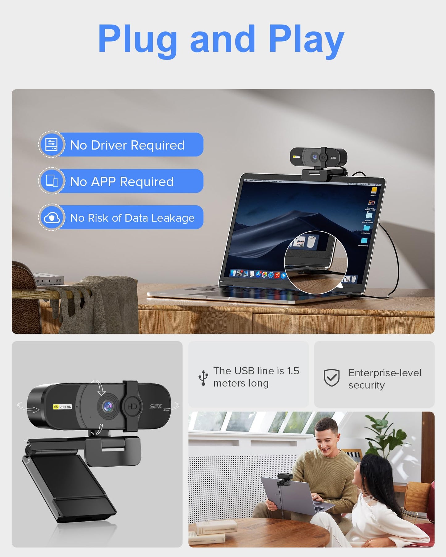 SIIIX USB Webcam, 4K Full HD Webcam für PC, Videoanrufe, Computerkamera mit klarem Stereo-Audio, automatische Lichtkorrektur, Plug&Play, funktioniert mit Skype, Zoom, FaceTime, Hangouts und mehr