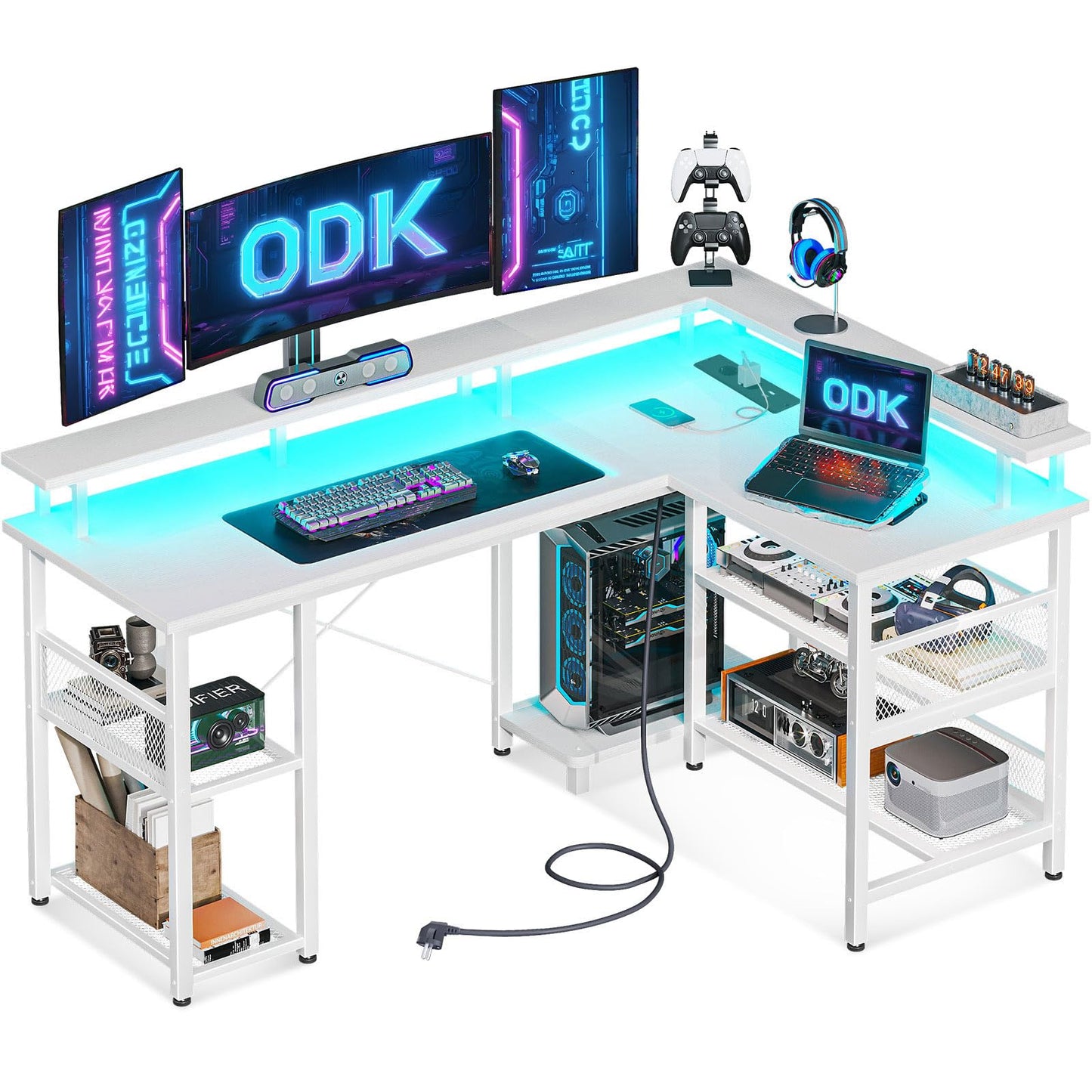 ODK Gaming Tisch mit LED, Reversibel Gaming Schreibtisch mit 2 Steckdosen & 2 USB-Ladeanschlüssen, Eckschreibtisch Groß mit Netzablage, Schwarz 150×102cm