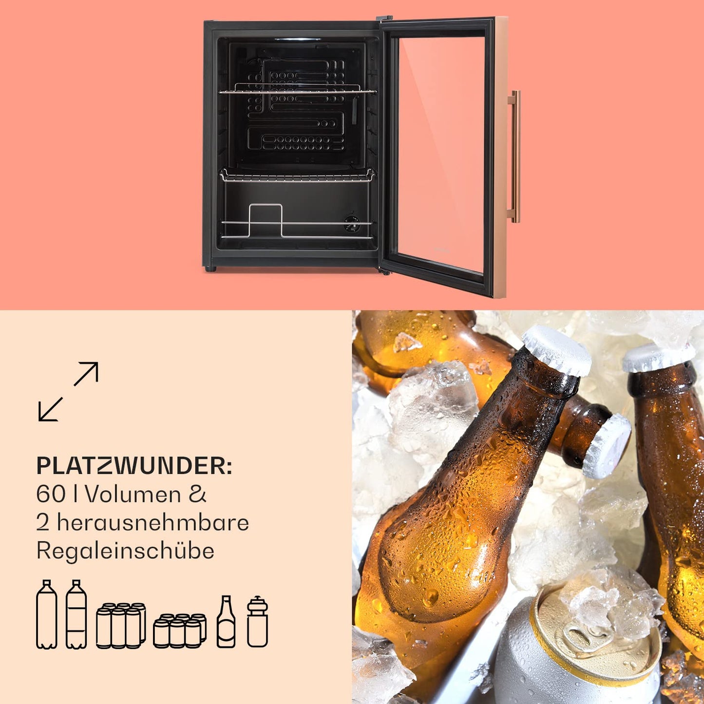 Klarstein Mini Fridge with Glass Door, Mini, for Room, Drinks Fridge Small with Adjustable Shelves, with Waveform Racks, 60 Liter Refrigerator Quiet