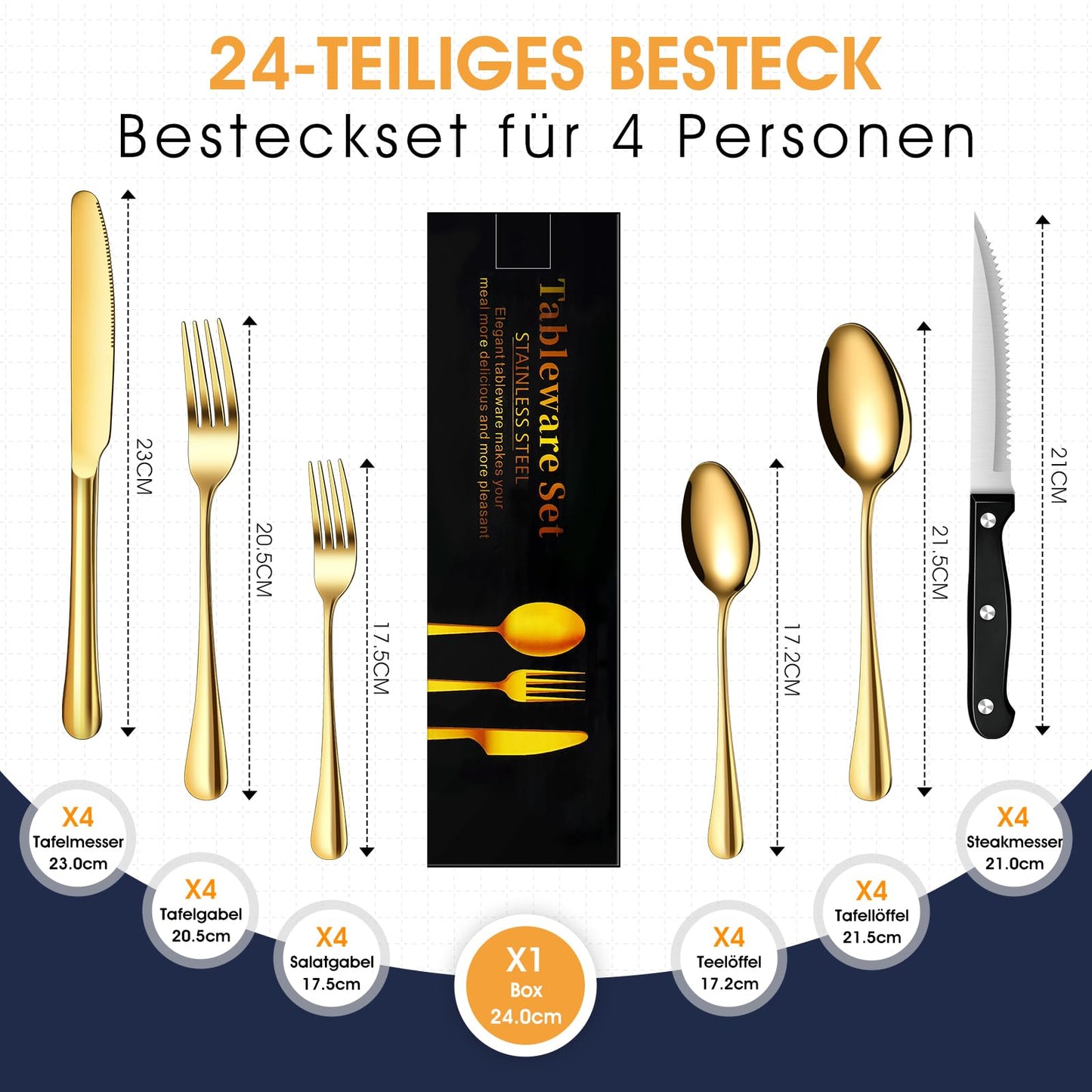 TAN REN Besteck Set Schwarz 6 Personen, 36-Teiliges Edelstahl Besteckset Schwarz mit Steakmesser, Elegantes Essbesteck mit Messer Gabel Löffel, Tafelbesteck für Küche/Restaurant