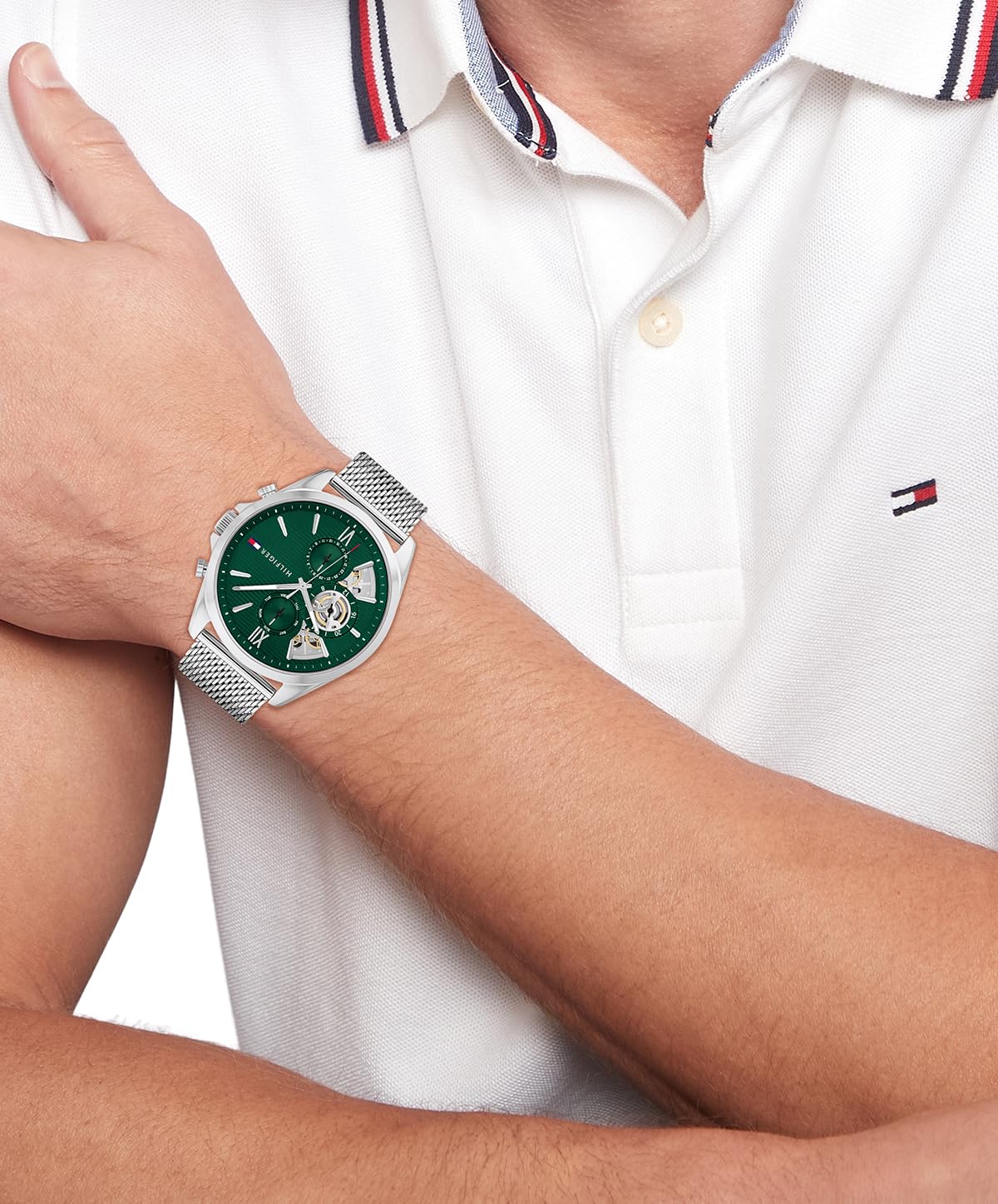 Tommy Hilfiger Multi Zifferblatt Quarz Uhr für Herren mit Silbernes Edelstahl-Mesh-Gliederarmband und Lederarmband