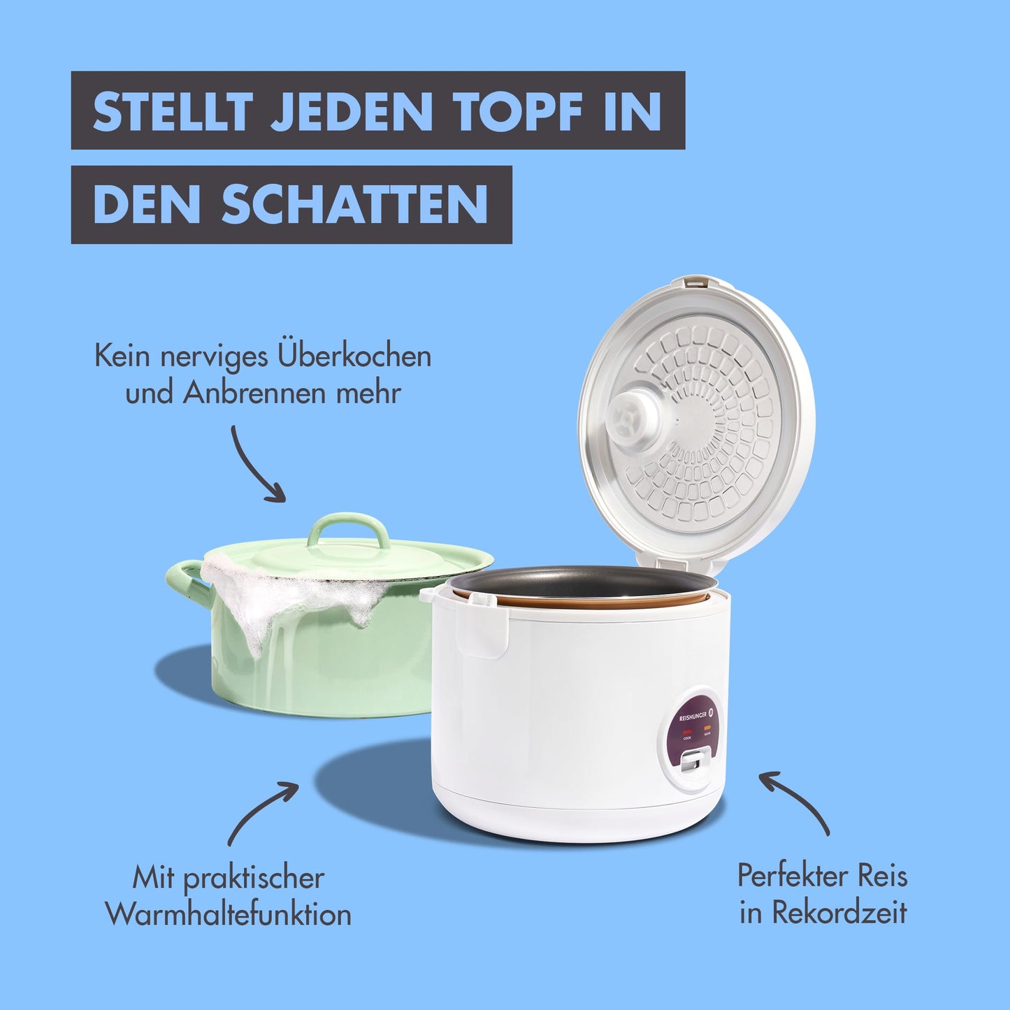 REISHUNGER Reiskocher & Dampfgarer mit Keramikbeschichtung - 1,2 L, Schwarz - Für 1-6 Personen - Schnelle Zubereitung ohne Anbrennen - Mit Warmhaltefunktion inkl. Dämpfeinsatz, Löffel & Messbecher