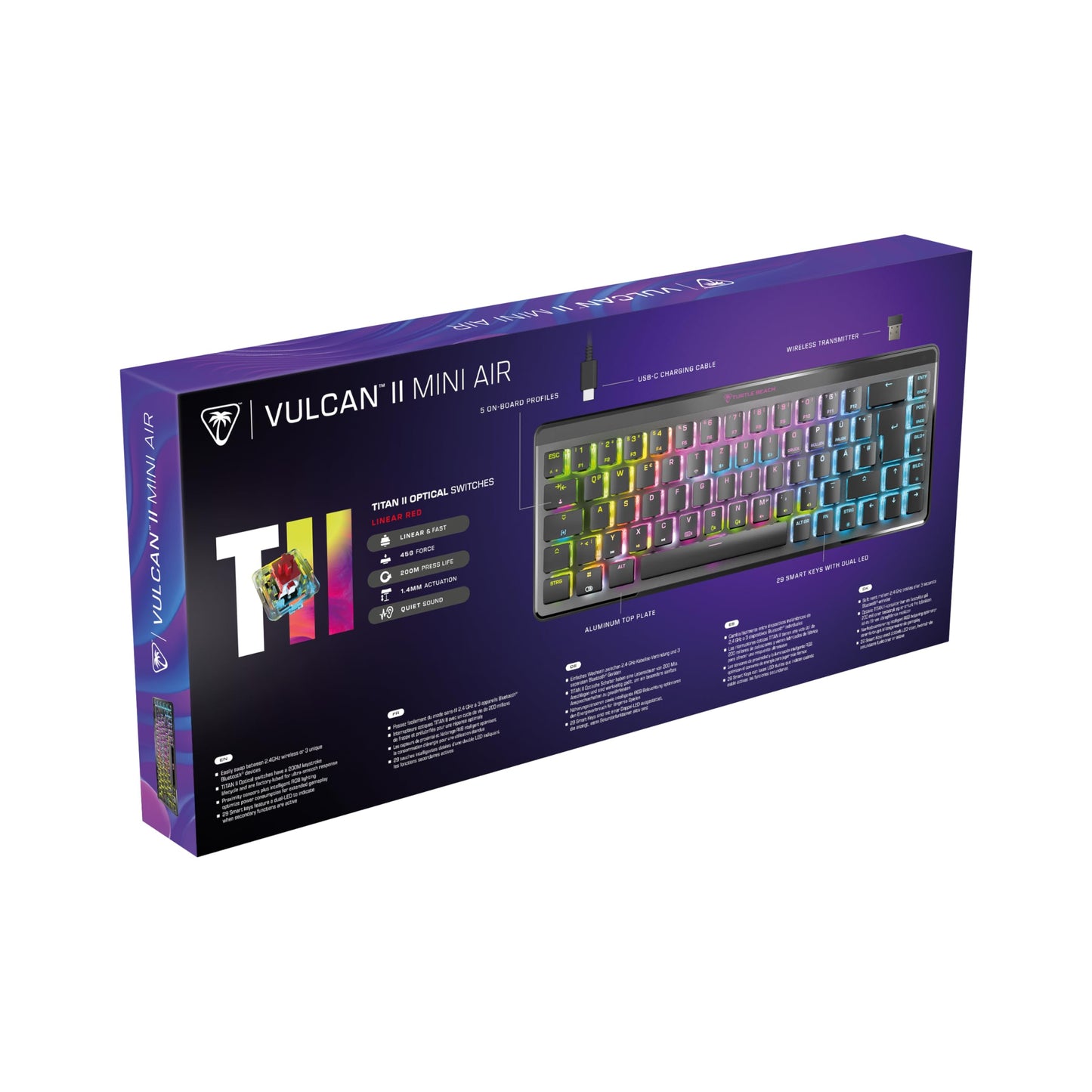 Turtle Beach Vulcan II Mini Air – Optisch-mechanische kabellose Gaming-Tastatur (65%), anpassbare RGB-Beleuchtung, abnehmbares Kabel, Smart Keys, Aluminiumplatte – Weiß