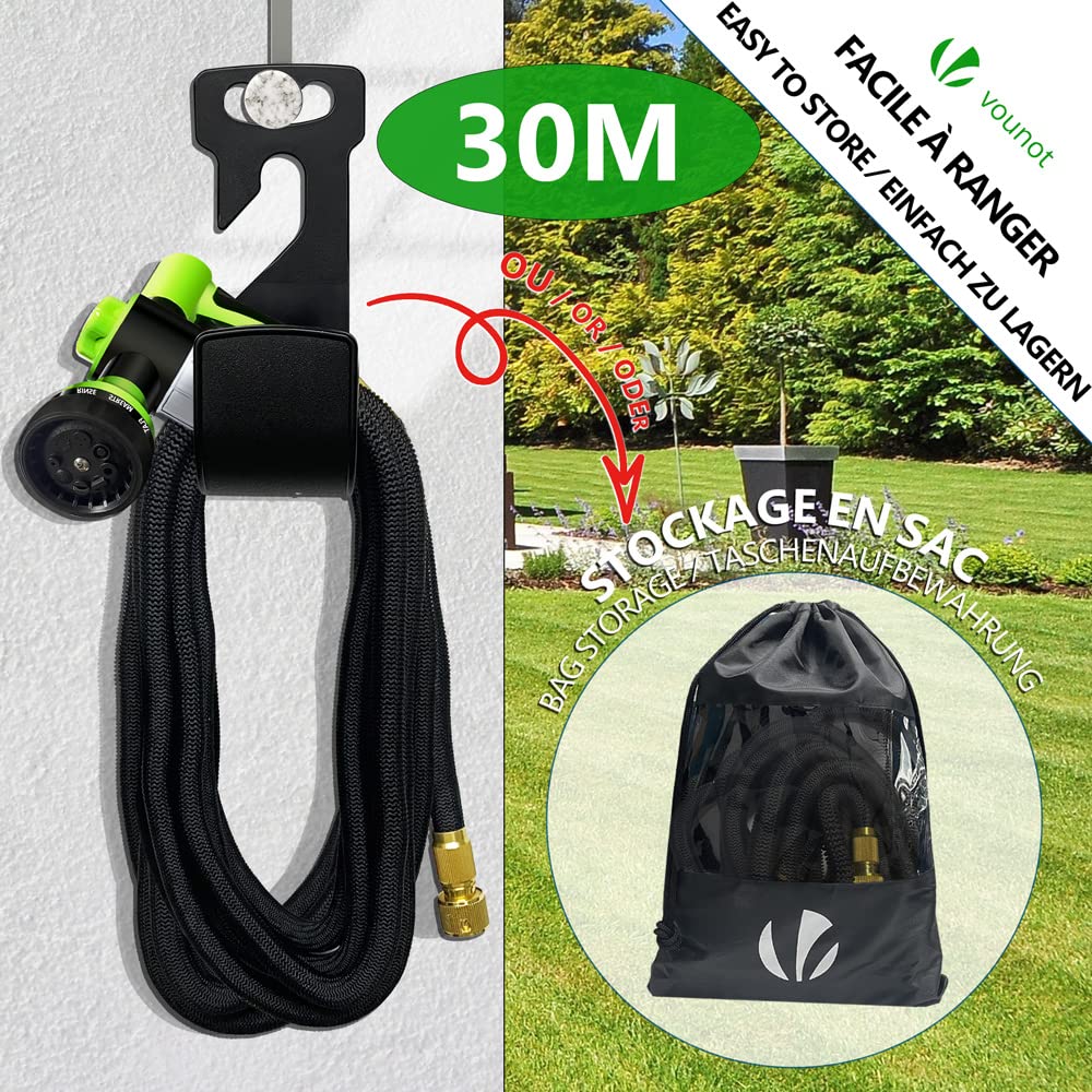 VOUNOT® Flexibler Gartenschlauch 30 m, Flexibel Wasserschlauch Dehnbarer mit 10 Sprühfunktionen, Schnelladaptern und Wandhalterung, Schwarz
