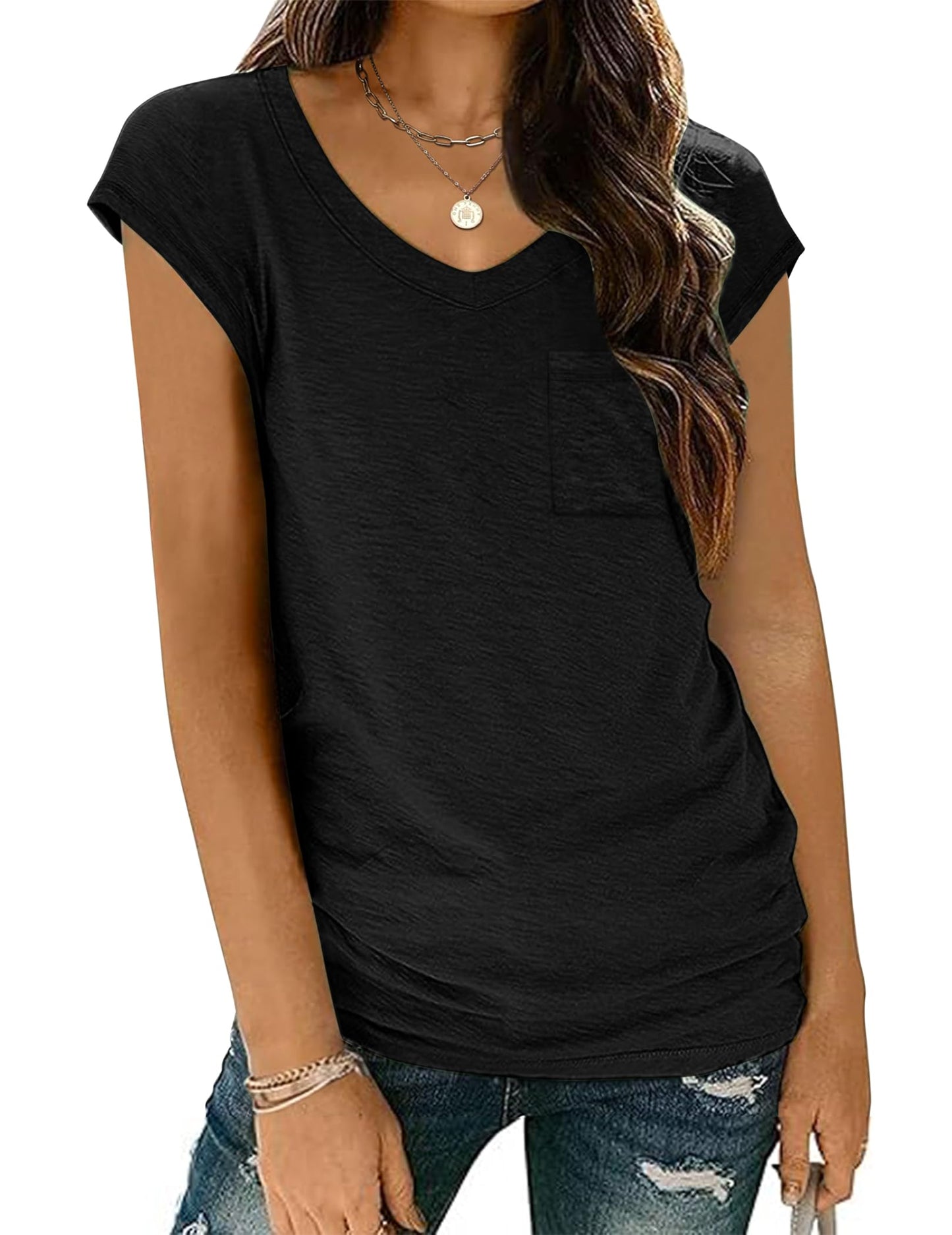 Zeagoo Women's Basic V-Neck T-Shirt with Wing Sleeves