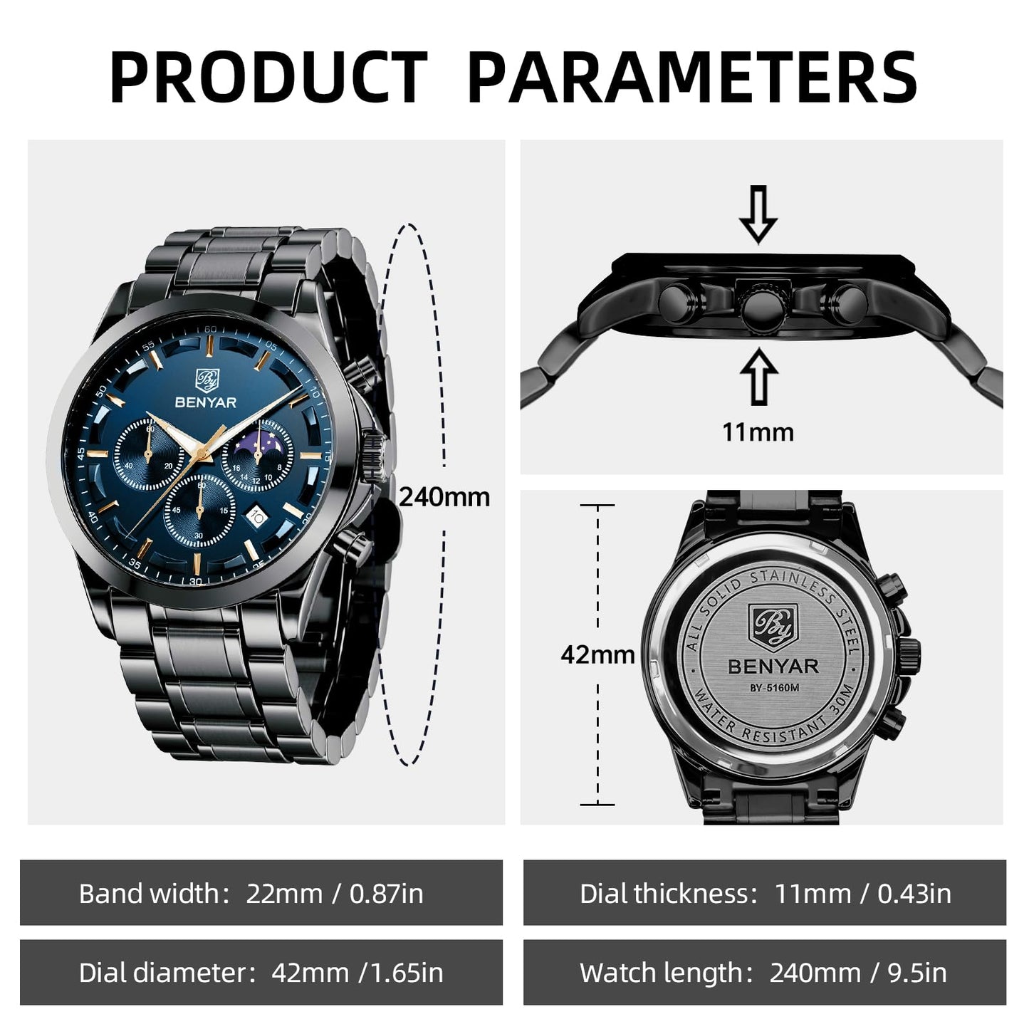 BY BENYAR Uhren Herren Chronograph Analog Quarz Wasserdicht Armbanduhr Herren Mode Lässig Business Herrenuhr mit Kalender Lederarmband/Edelstahlarmband Uhr Geschenk für Männer