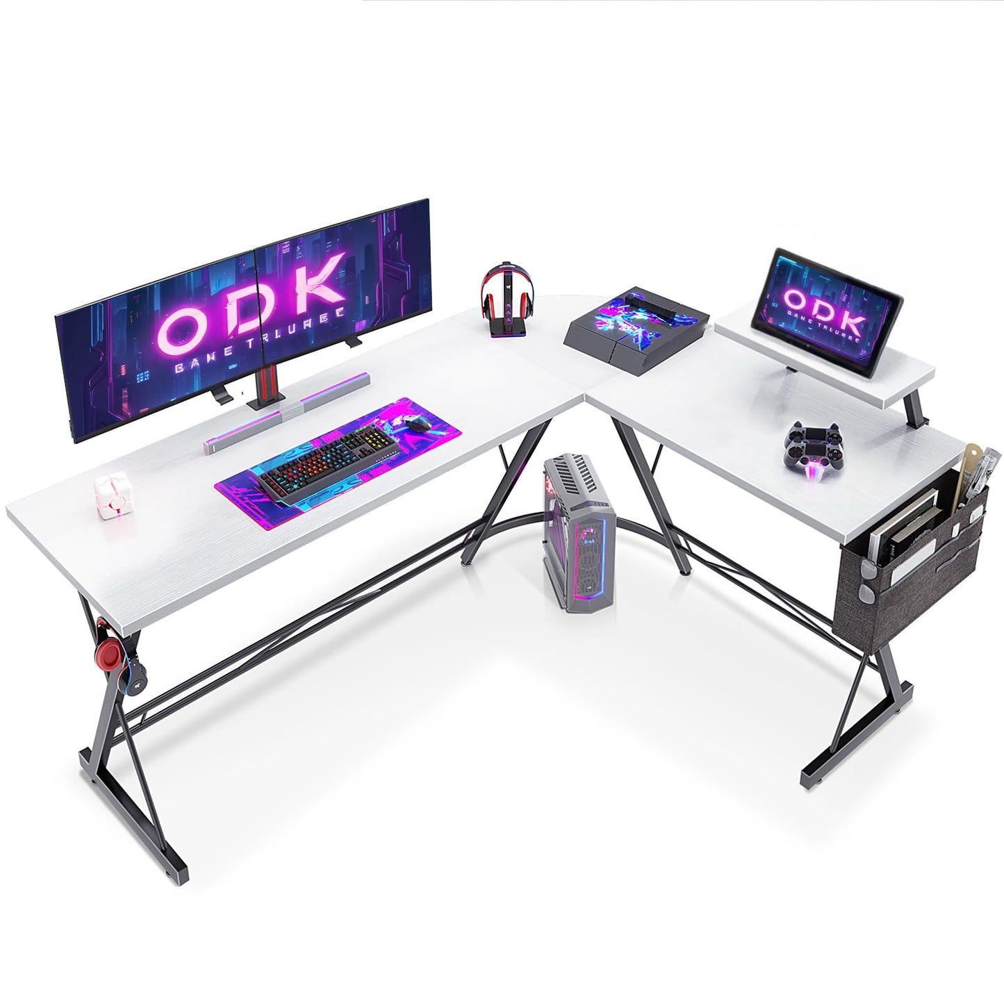 ODK Gaming Tisch, Gaming Schreibtisch Eckschreibtisch für Gamer, Schreibtisch L Form mit Monitorständer für Büro (Schwarz, 127 x 127 cm)