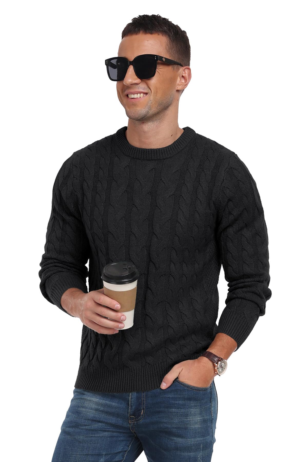 QIXING Men’s Cable Knit Sweater – Chunky Crewneck Pullover