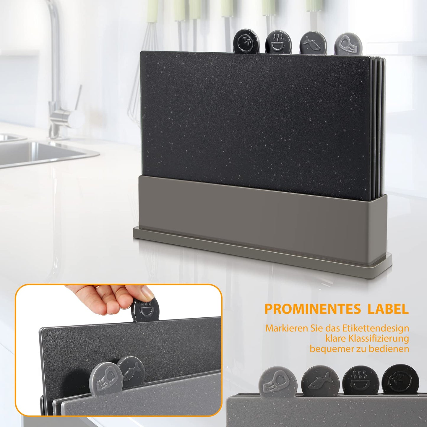 Myiosus Schneidebrett Kunststoff, 4 Stück Schneidebrett mit Griff, Rutschfest Schneidebretter für die Küche, Flexibel Schneidebrett Set mit Ständer für Gemüse, Fleisch, Obst, BPA-frei, 37.6 x 25.8cm