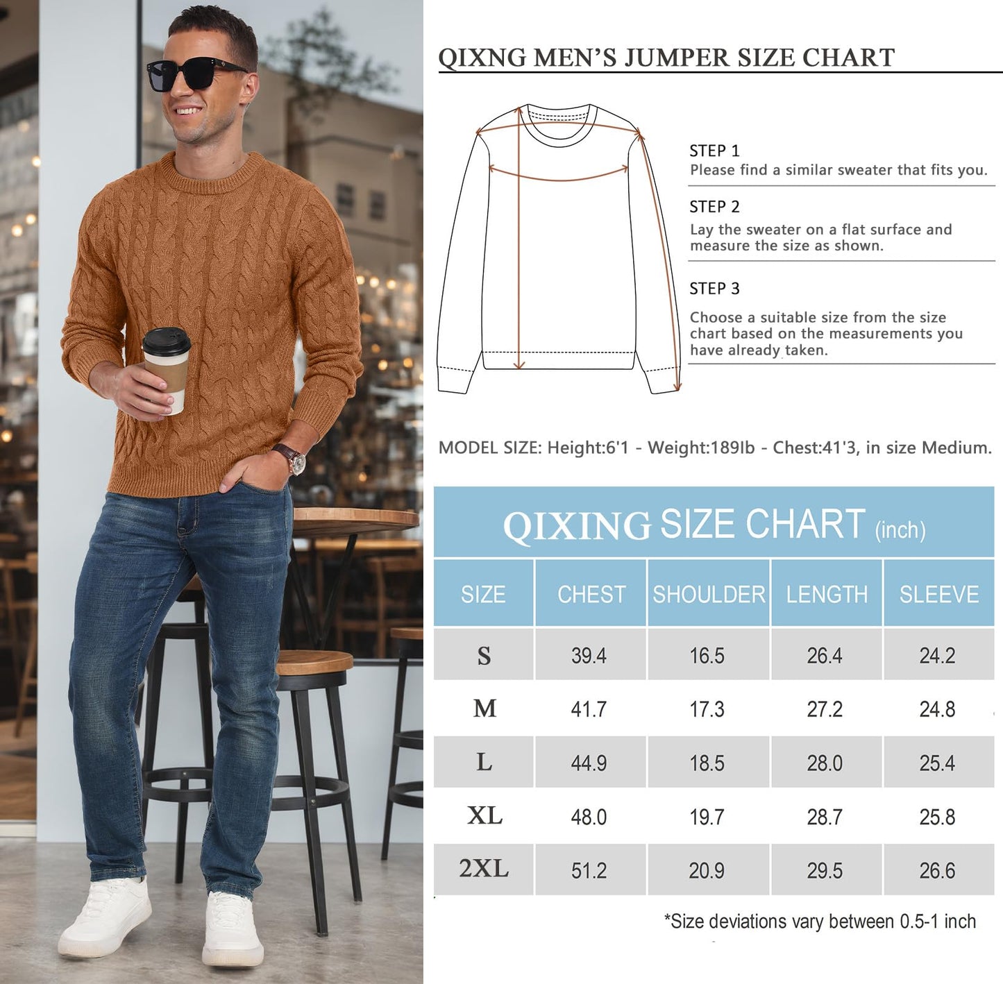 QIXING Men’s Cable Knit Sweater – Chunky Crewneck Pullover