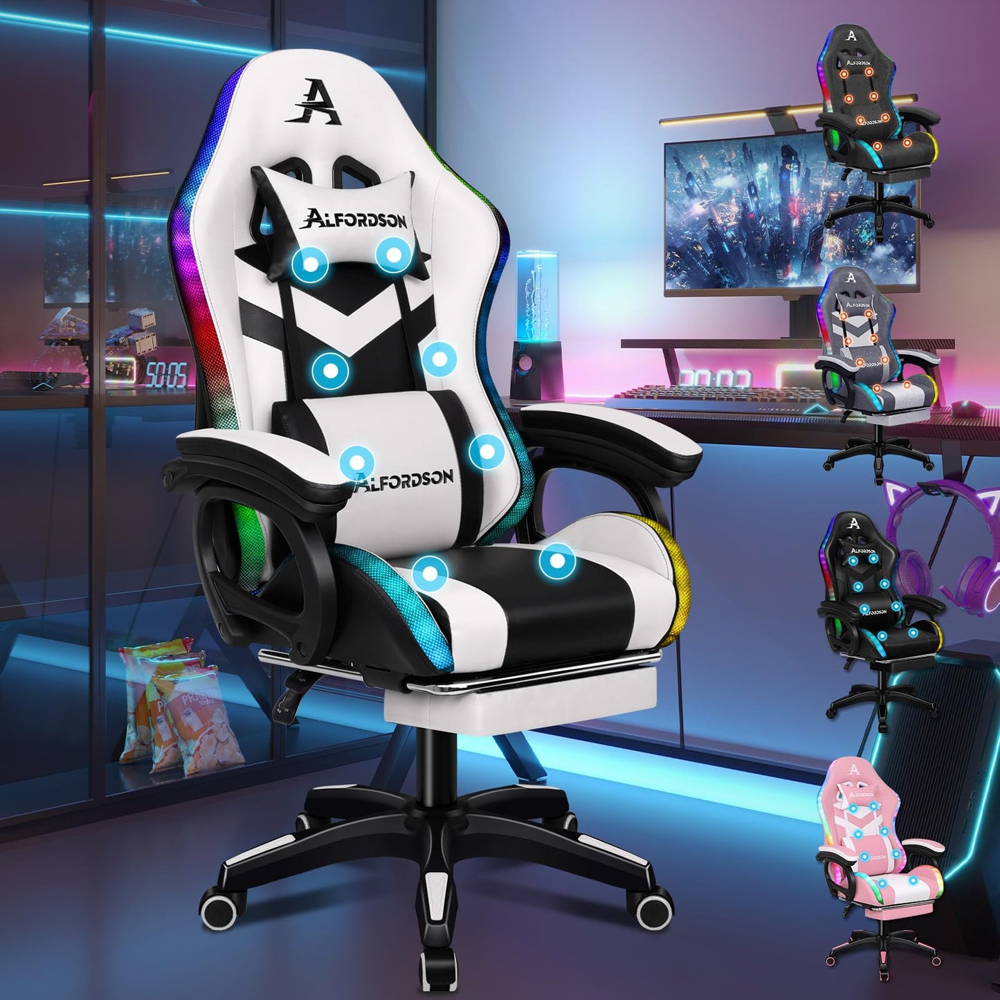 ALFORDSON Gaming Stuhl mit 8-Punkt Massage 12 Farben RGB LED-Licht, Bürostuhl Ergonomisch mit fußstützen, Kopfstütze Lendenkissen für Kinder Erwachsene, Schwarz