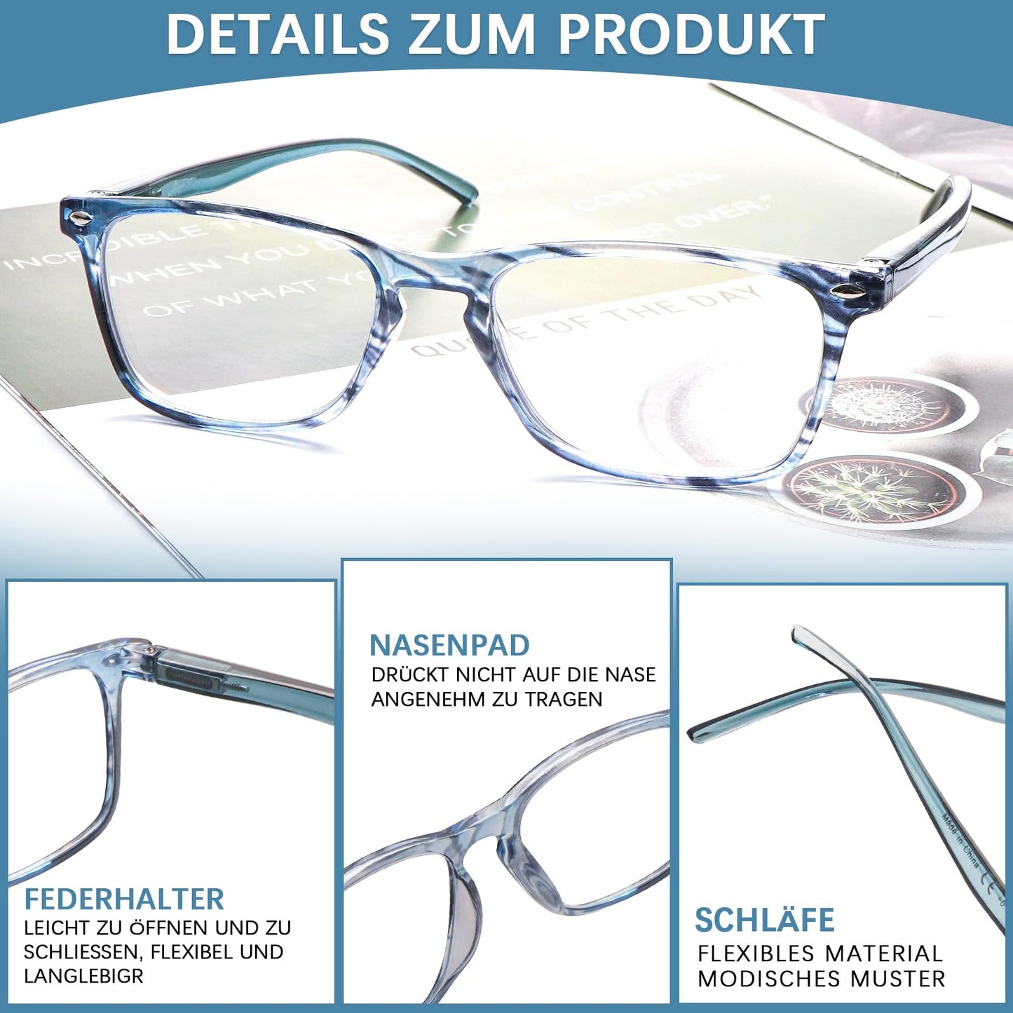 ZONLON 4er-Pack Lesebrille für Damen Modebrille Lesehilfe mit Federscharniere Blaulichtfilter Brillen Leicht und Bequem