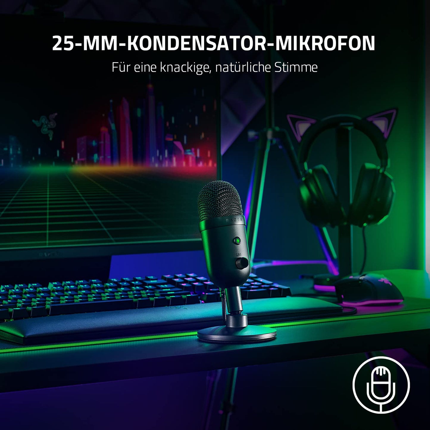 Razer Seiren V3 Mini - Ultrakompaktes USB-Mikrofon (14mm Supernieren Kondensatormikrofon, Tap-to-Mute-Sensor mit LED-Anzeige, integrierter Stoßdämpfer, Plug-and-Play Design) Schwarz