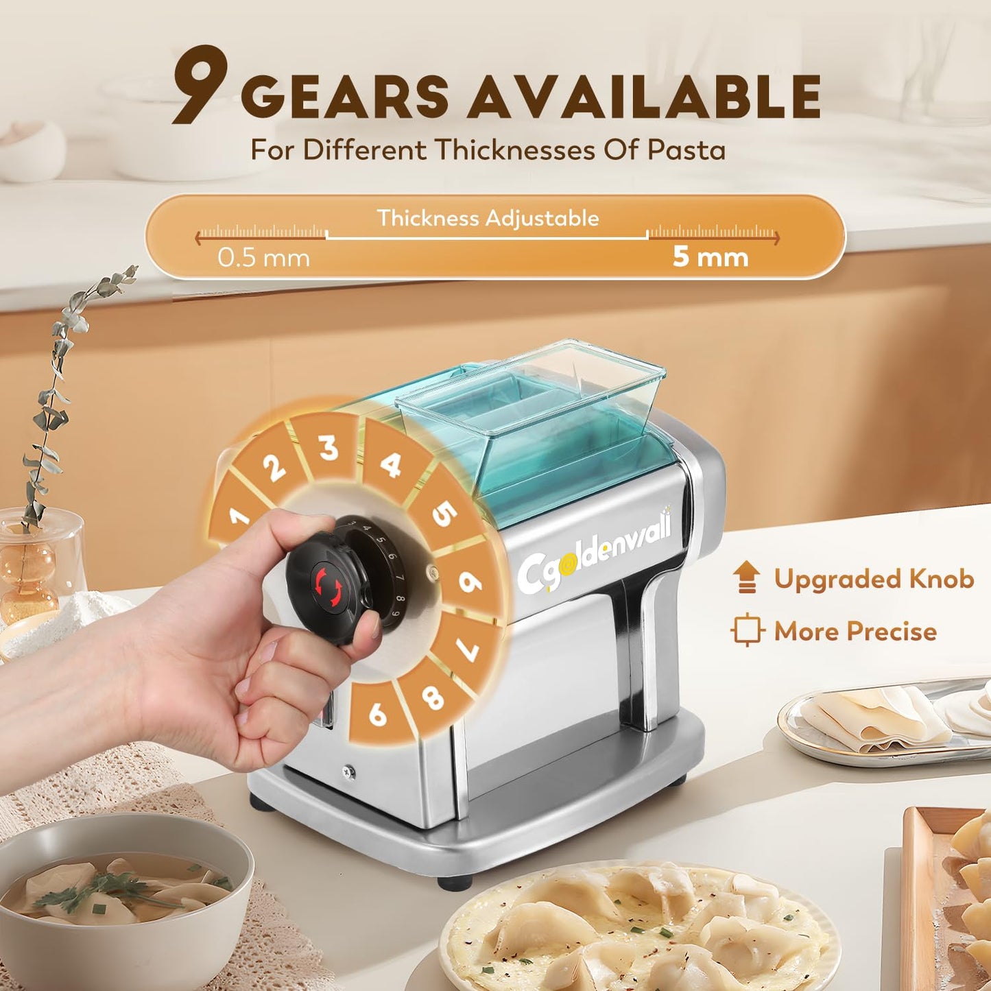 CGOLDENWALL Electric Pasta Machine Household Fresh Pasta Dough Machine Made of Stainless Steel with 2.5 mm Round and 4 mm Flat Blades, 9 Thickness Settings for Pasta/Spaghetti/Lasagna/Ravioli