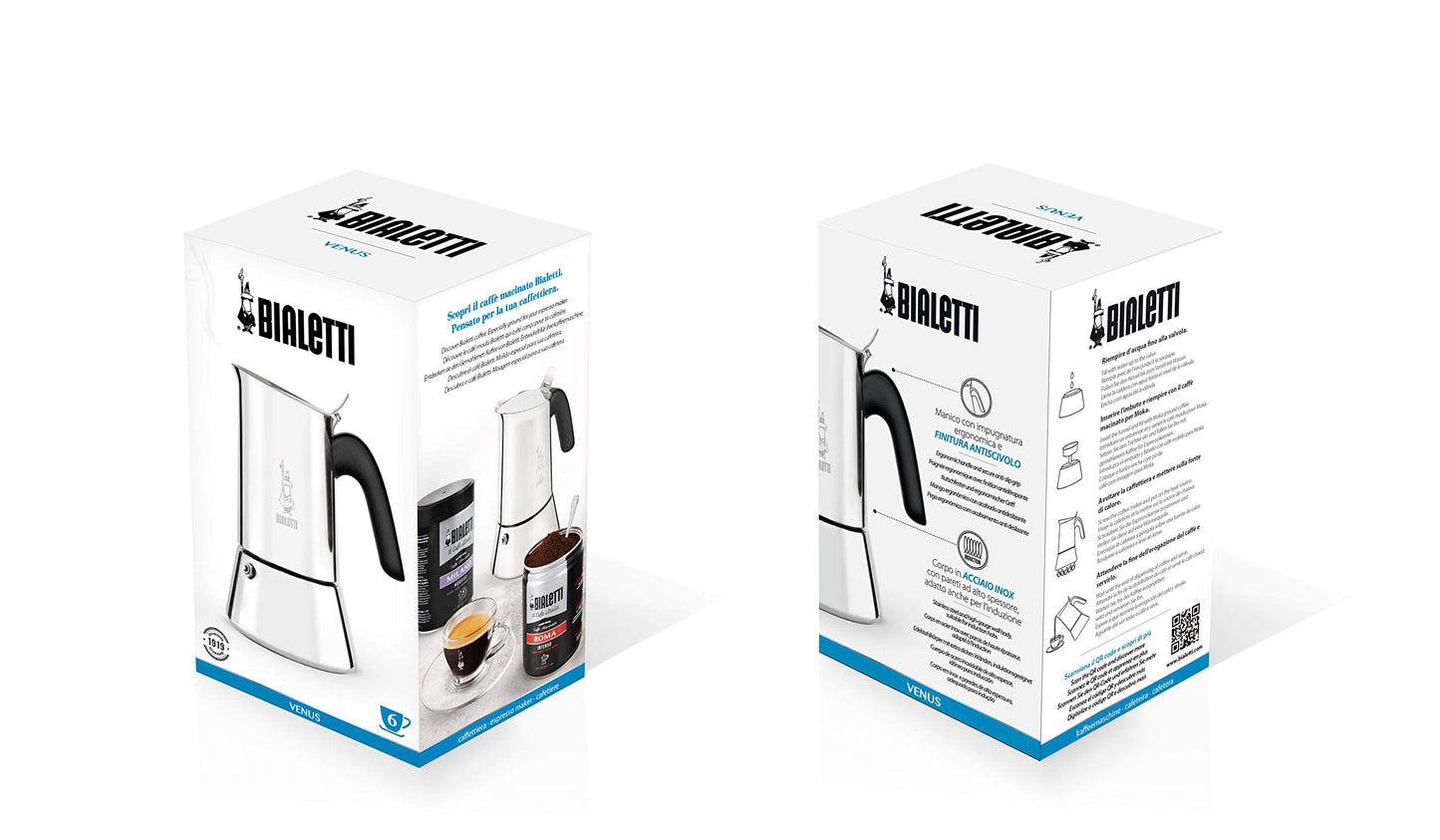 Bialetti - Neue italienische Espressomaschine Venus Induction aus Edelstahl, geeignet für alle Arten von Tellern, 4 Kaffeetassen (170 ml), Silber