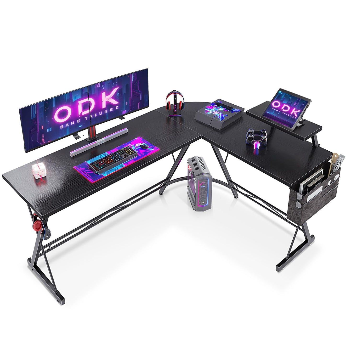 ODK Gaming Tisch, Gaming Schreibtisch Eckschreibtisch für Gamer, Schreibtisch L Form mit Monitorständer für Büro (Schwarz, 127 x 127 cm)