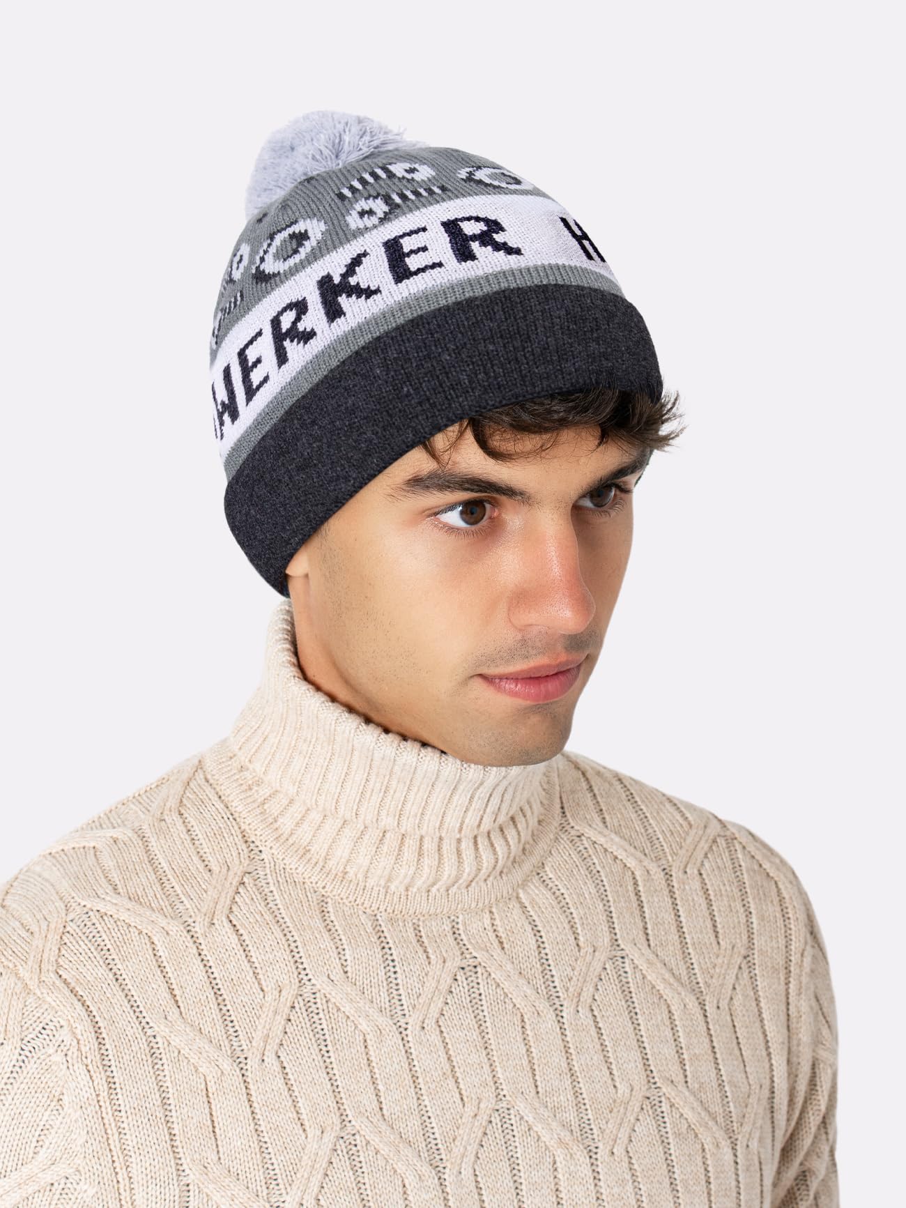 Happy Words Hats, Hats & Caps for Men and Women - Men's Hat with Bobble - Warm Winter Hat with Colourful Pattern - Knitted Hat Made of Acrylic Fabric - Gifts for Women and Men