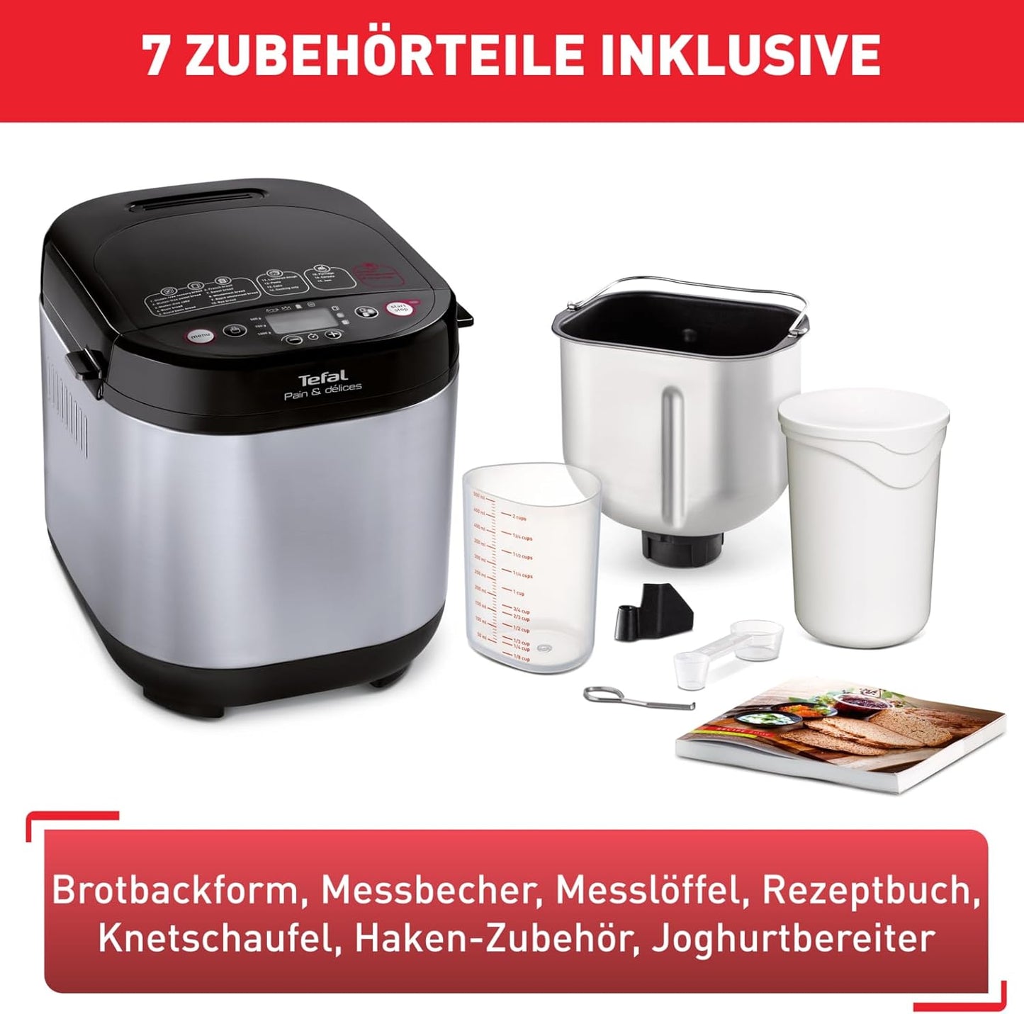 Tefal Brotbackautomat Pain & Délices, 20 Backprogramme, 3 Brotgrößen und Bräunungsstufen einstellbar, auch für Kuchen - Pizza - Nudelteig, Backform antihaftbeschichtet, schwarz/Edelstahl