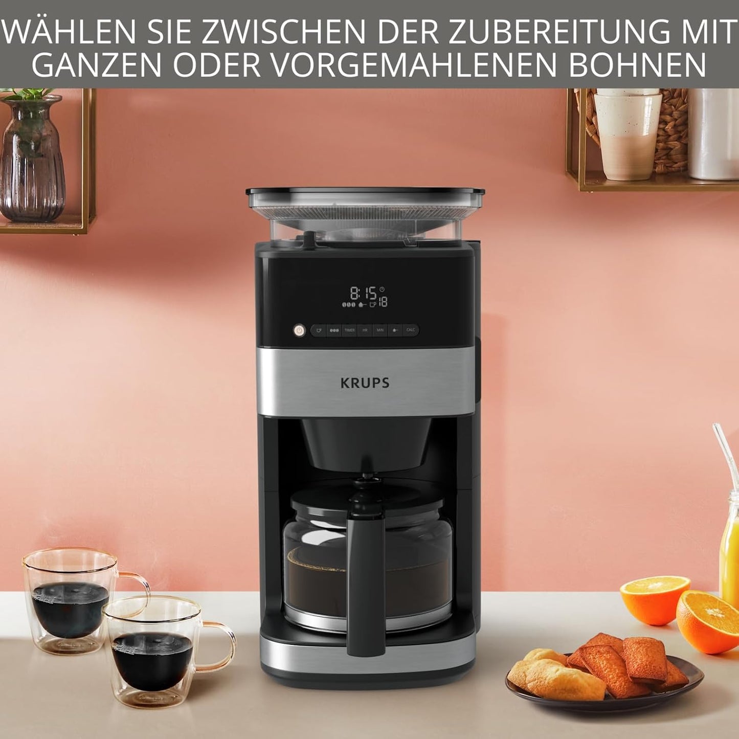 Krups KM8328 Grind Aroma Kaffeemaschine mit Mahlwerk | 24-Stunden-Timer | 180 g Bohnenbehälter | 1,25 L Fassungsvermögen für bis zu 15 Tassen Kaffee | Auto-Off-Funktion | 3 Mahlgrade | Schwarz