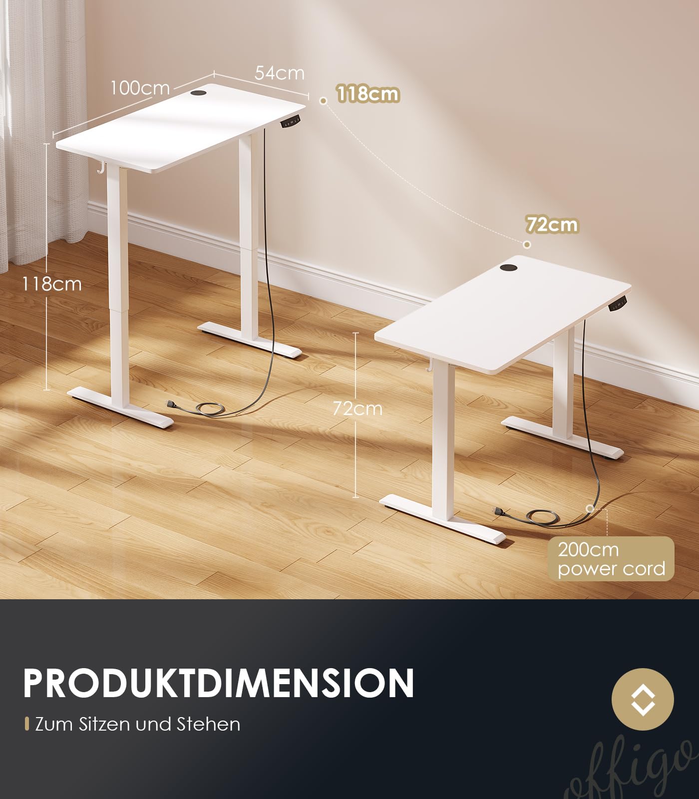OffiGo Höhenverstellbarer Schreibtisch, 120 cm Elektrischer Schreibtisch, Ergonomischer Tisch mit Memory-Funktion, Gaming Tisch Höhenverstellbar, Moderner Computertisch für Zuhause und Büro, Weiß