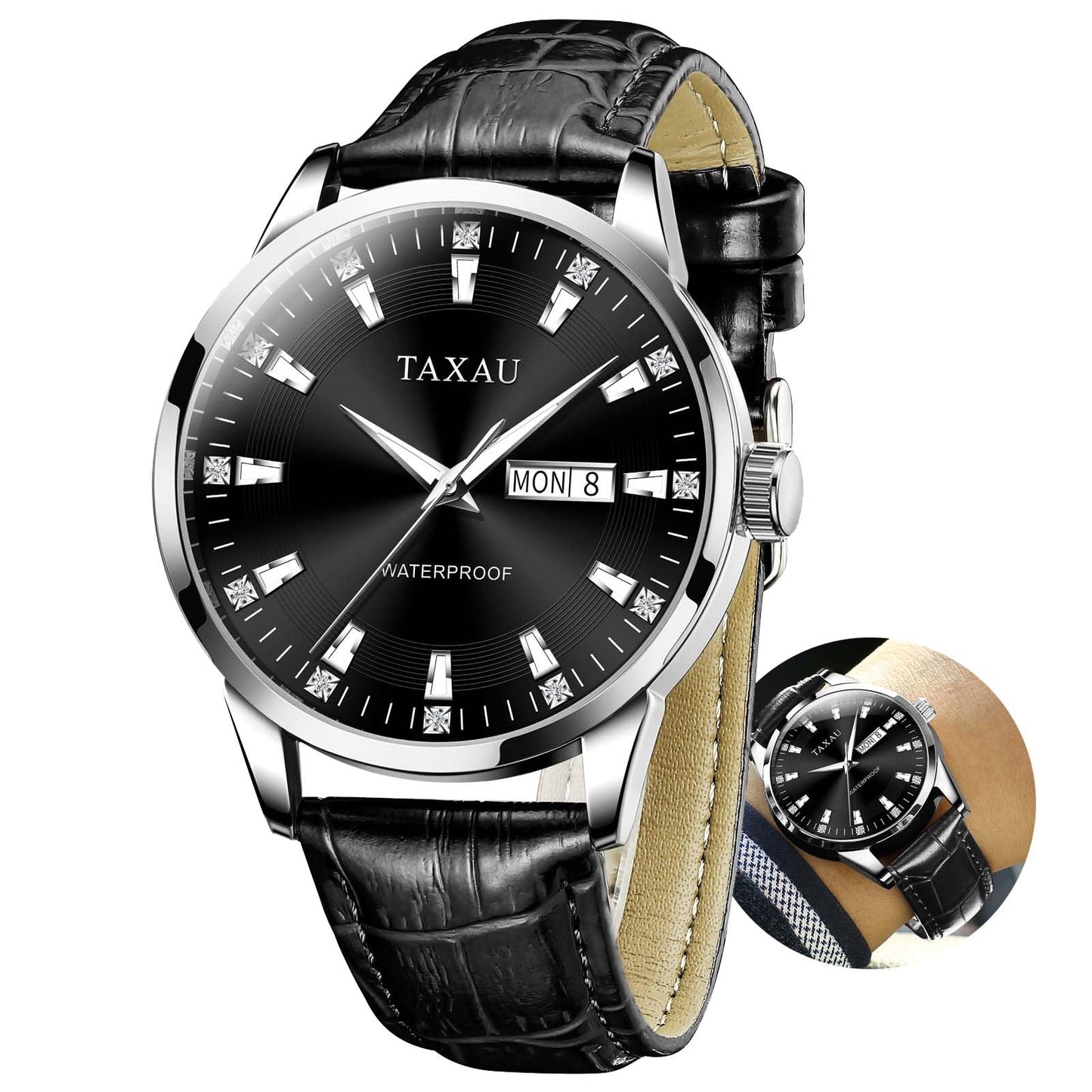 Taxau Klassische Lederuhren für Männer Analog Quartz Big Dial Luxus Armbanduhren Wasserdicht Luminous Day Date Reloj para Hombre
