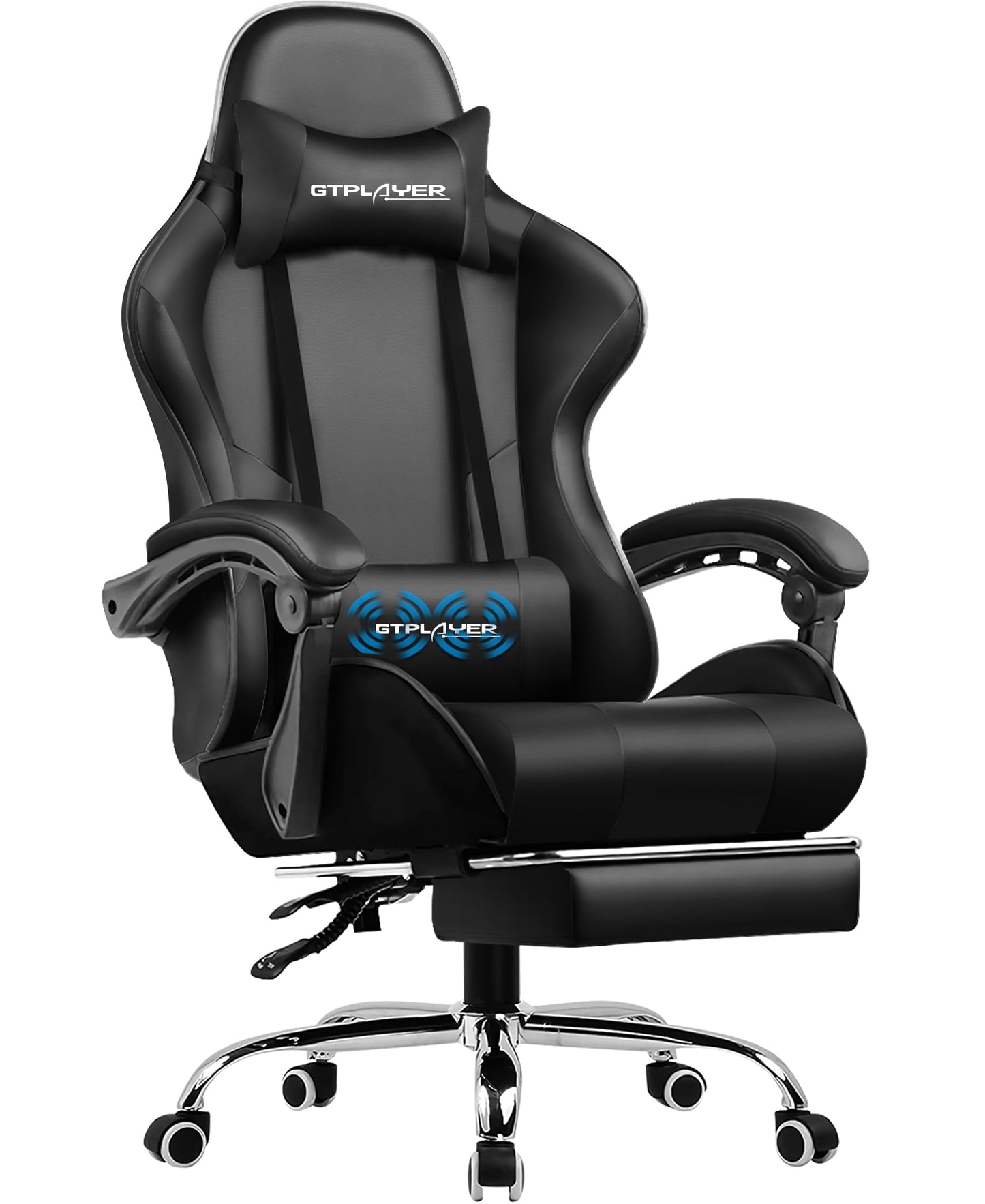GTPLAYER Office Chair Gaming Chair Massage Gaming Armchair Ergonomic Gamer Chair with Footrest, Headrest Massage Lumbar Cushion, Padded Gaming Chair, Swivel Chair White