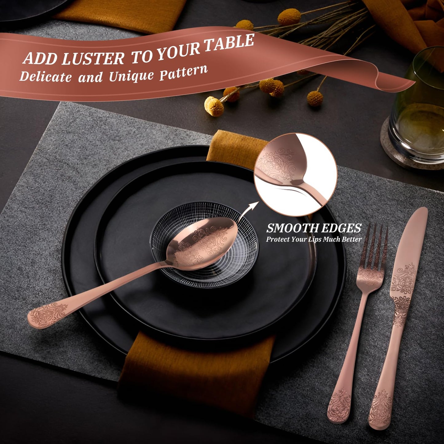DRAGON RIOT Besteck Set 6 Personen - 30 teilig Edelstahl Besteckset Roségold, Elegantes Bestecksets mit Messer Gabel Löffel, Cutlery Set für Haus/Party/Restaurant