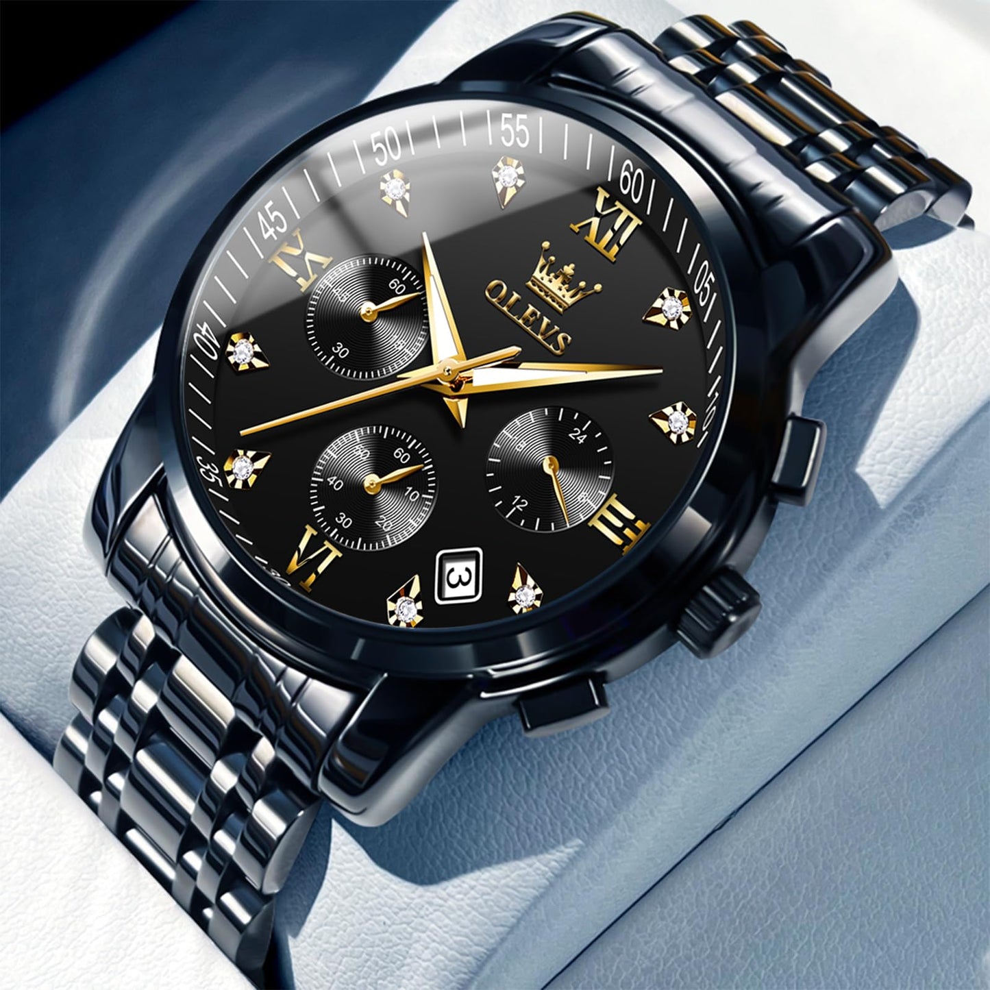 OLEVS Uhren Herren, Edelstahl Analoger Quarzuhr, Multifunktionale Diamanten Herrenuhren, Klassisches Luxuskleid Herrenuhr