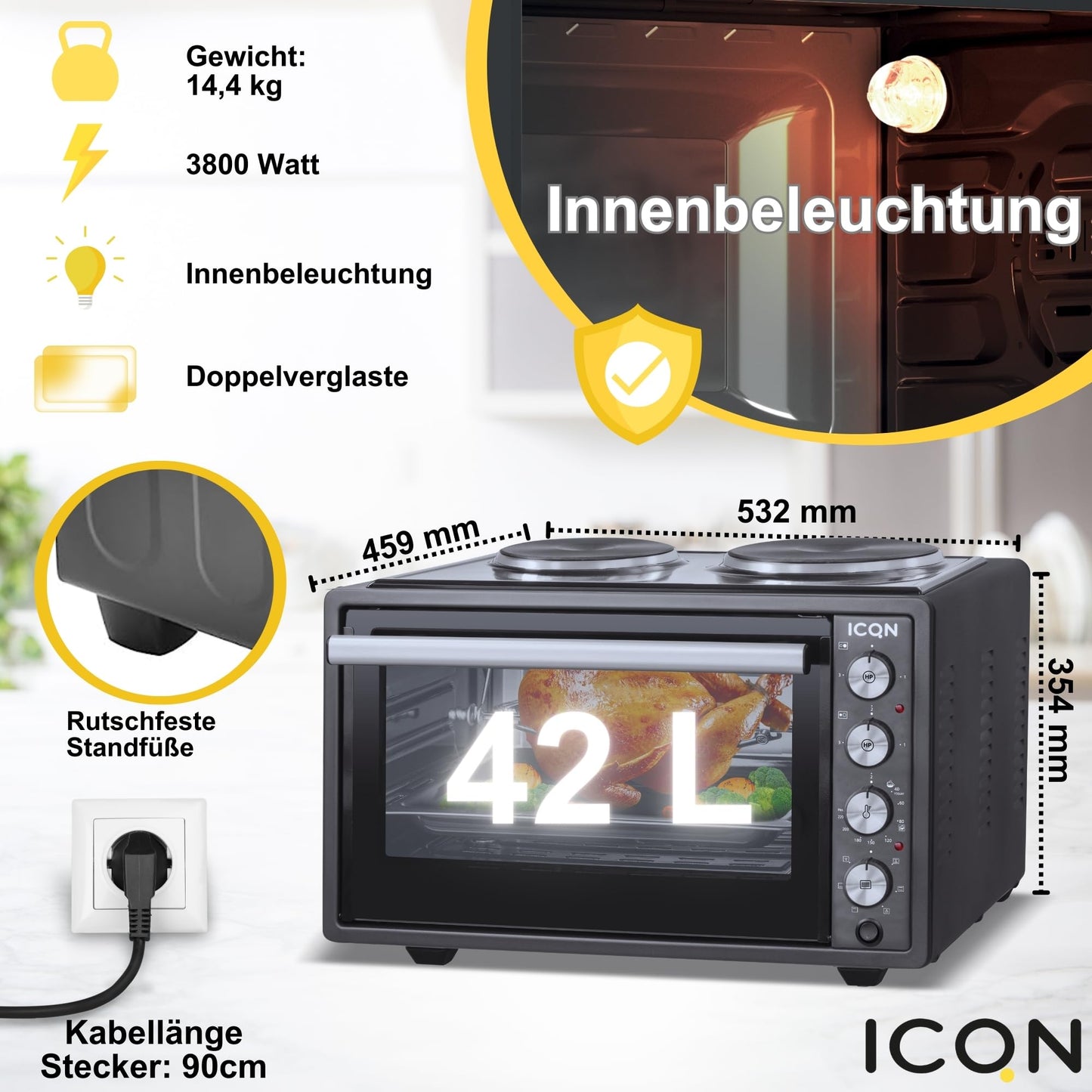 ICQN Kompakter Minibackofen 15 Liter, 1200W, 60 min-Timer, 3 Kochfuntionen, 90°-230°C, Kleiner Camping Ofen, Anthrazit, 2-Jahre Garantie