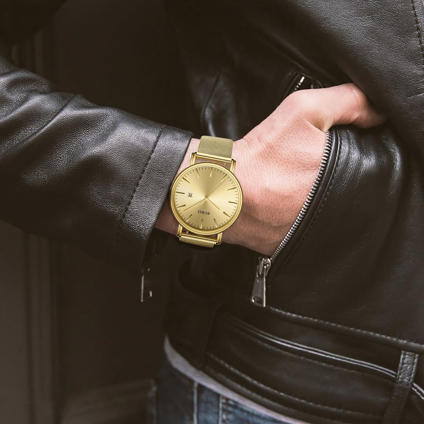 BUREI Ultra Dünne Uhren Herren Schwarze Analoges Datum Armbanduhr Herren mit Japanisches Quarzwerk, Geschenke für Männer