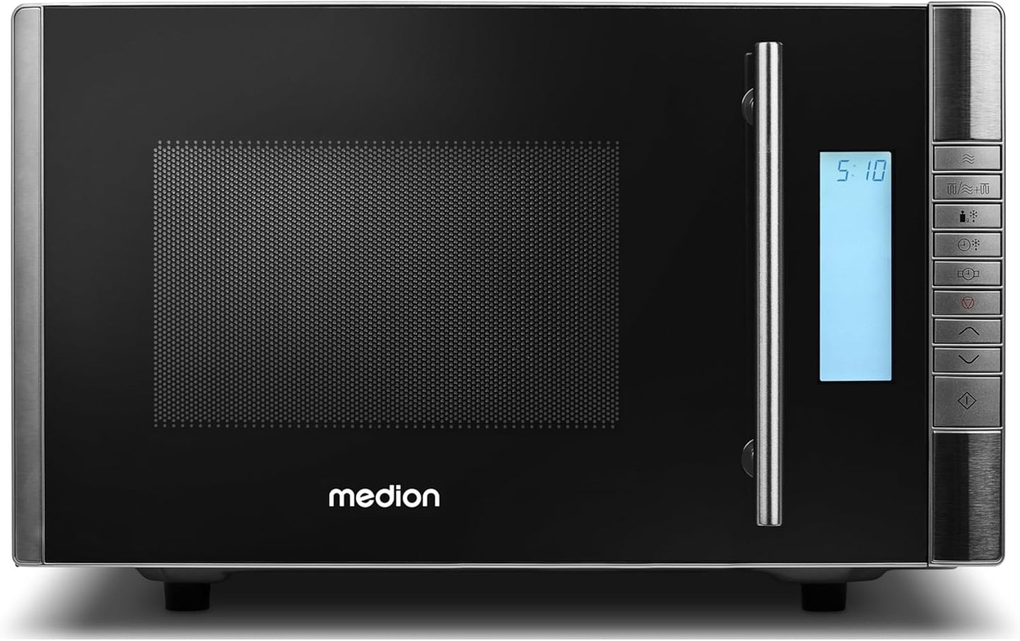 MEDION MD 14482 Mikrowelle mit Grill / 20L Garraum / 8 Automatikprogramme/Auftaufunktion / 800 Watt Mikrowellen- und 1000 Watt Grillleistung/Zeitschaltuhr/Grillrost/silber/schwarz