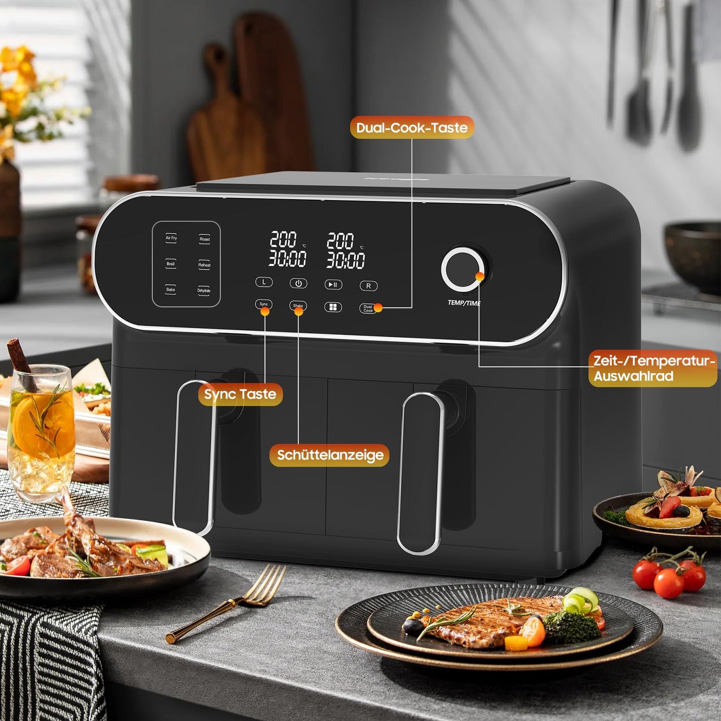 iceagle Heißluftfritteuse 6,5 L Airfryer XL - Fritteuse Ohne Fett mit Metallinnenraum | 1700W Heissluftfriteuse mit 8 Kochprogramme, Digitalem Display, mit deutschem Rezeptbuch