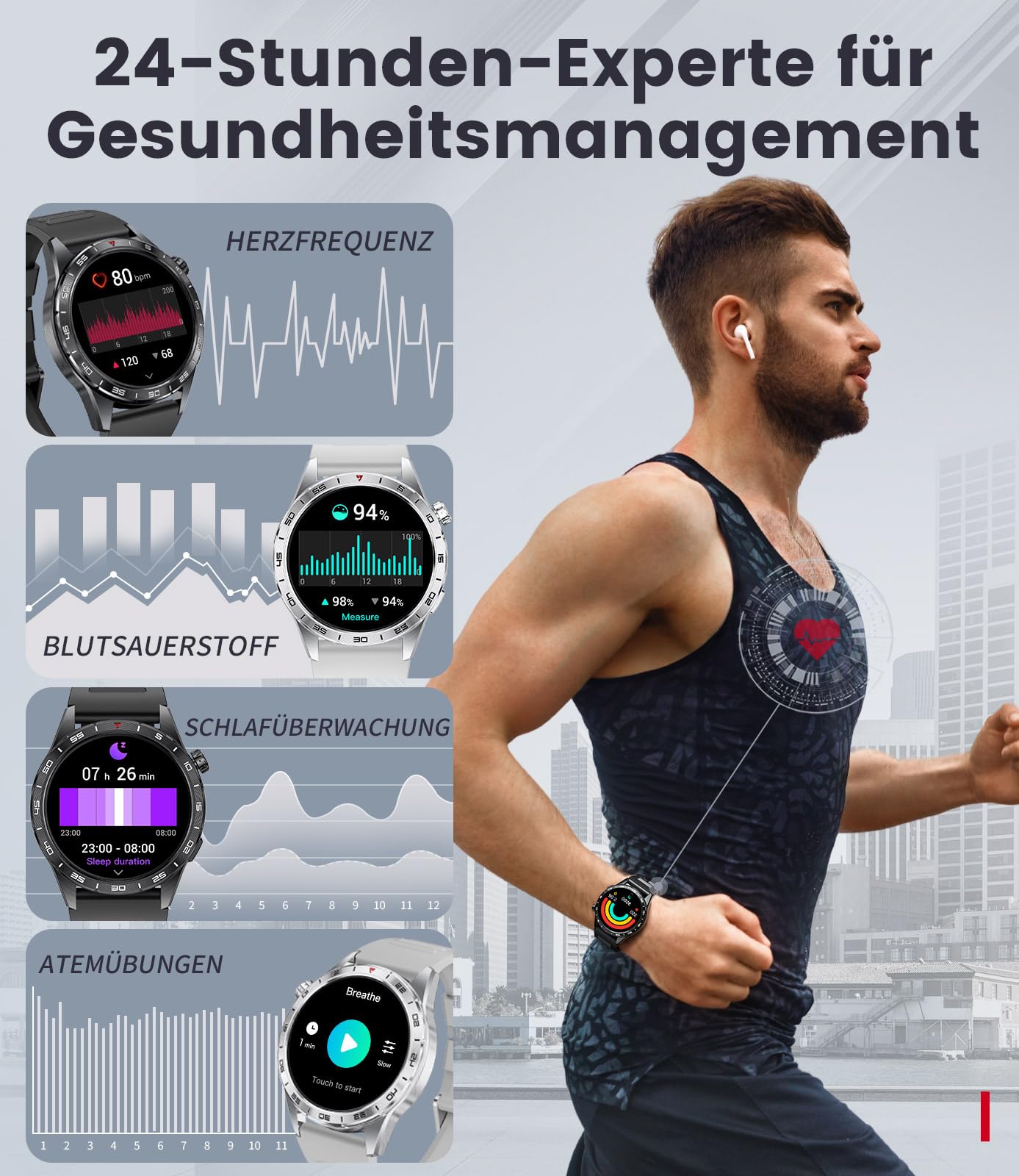 LIGE Smartwatch Herren mit 400mAh Lange Akkulaufzeit für Android iOS,1.43'' Amoled Display,110+ Sportmodi,Bluetooth-Anrufe,IP68 Wasserdicht Fitnessuhr mit Herzfrequenz, SpO2, Schlafmonitor,3 Armbänder