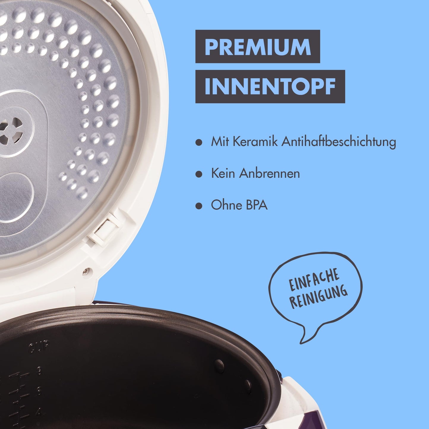 REISHUNGER Digitaler Reiskocher & Dampfgarer Grau | 1,5 L bis 8 Personen | Warmhaltefunktion, Timer & Premium Innentopf | Multikocher, 12 Programme, 7-Phasen-Technologie